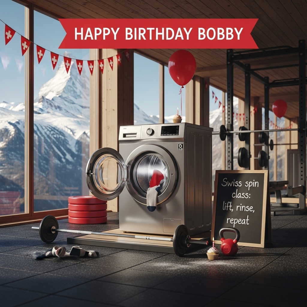 At the top of the Photorealistic picture taken from a camera image, place the text "Happy Birthday Bobby" in bold white sans-serif lettering on a translucent Swiss‑red banner with a soft drop shadow.

Ultra‑high‑definition 4K UHD, true‑to‑life photograph of a sleek Swiss alpine gym with floor‑to‑ceiling windows revealing a crisp view of the snow‑dusted Alps and the Matterhorn. Morning mountain light pours in, casting accurate, soft shadows over black rubber flooring and warm timber accents. Center stage, a gleaming stainless‑steel front‑loading washing machine sits proudly on a lifting platform like premium gym equipment; red Swiss‑flag–colored bumper plates are stacked neatly nearby, and a barbell rests against the platform. Through the washer porthole, gym socks whirl mid‑spin with a faint ring of condensation on the glass; realistic reflections flicker across the brushed metal casing. Tiny Swiss flag pennants drape along a wall mirror. A single red balloon is tied to the squat rack, and a small cupcake with a lit candle sits atop a kettlebell for a cheeky birthday nod.

A chalkboard sign, leaned against the platform in neat chalk lettering: "Swiss spin class: lift, rinse, repeat."

Rich depth of field: the washing machine and chalkboard tack‑sharp, the alpine panorama outside softly blurred with natural bokeh. Lifelike textures: rubber mat grain, chalk dust, micro‑scratches on steel, subtle fingerprints, and sunlit motes in the air. Natural color grading with Swiss‑red accents for a bright, funny mood.

Camera: full‑frame DSLR, 35mm lens, f/2.8, ISO 200, 1/250s, white balance 5200K. Realistic daylight, no flash, balanced highlights and shadows. Vertical portrait composition, clean and spacious, humorous yet photorealistic.
Generated with these themes: Gym, Switzerland, Washing Machine, and .
Made with ❤️ by AI.