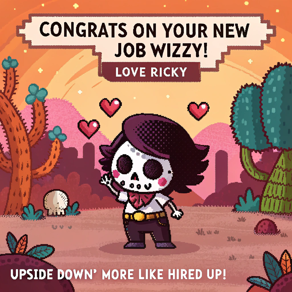 At the top of the Pixel Art Style image, "Congrats on your new job Wizzy! Love Ricky"

At the bottom of the image, "Upside Down? More like Hired Up!"

- Render in crisp 8-bit pixel art with a vibrant, limited palette (marigold orange, sugar-pink, electric turquoise, midnight purple, bone-white, cherry red, charcoal); chunky square pixels, 1–2 px outlines, no gradients.
- Center scene: a cute sugar skull character with glossy black hair (thick, shiny 8-bit strands), big heart-shaped eye sockets, and a marigold flower crown. Add a tiny office lanyard and a pixel mug with a tiny skull icon to celebrate the “new job.”
- Surround the character with Day of the Dead flair: papel picado banners and marigold petals drifting like confetti.
- Background mash-up: an 80s brick wall with a string of Christmas lights, a shadowy forest silhouette, and subtle floating pixel “spores.” Below, a small mirrored “Upside Down” strip with inverted colors and viney tendrils—cute, not creepy.
- Add playful nods to Stranger Things: an 8-bit bicycle silhouette and a faint, red neon-style glow from the Upside Down.
- Overall mood: adorable, celebratory, and nostalgic; keep shapes bold and readable at a glance, with cheerful highlights and tiny sparkles.
Generated with these themes: Sugar Skulls, Stranger Things, Day of the Dead, Black Hair, and .
Made with ❤️ by AI.
