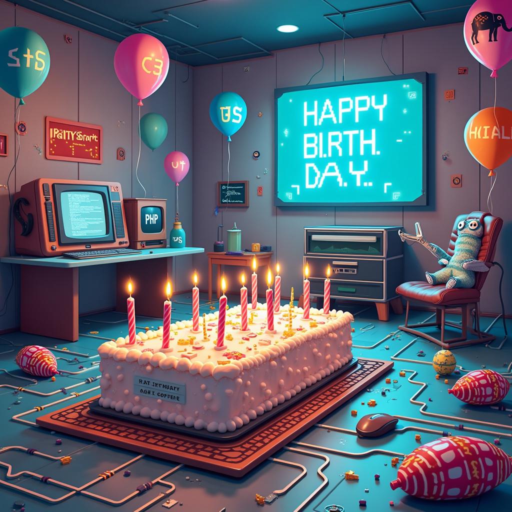 The scene is a vibrant, tech-themed birthday party set inside a cartoon render of a retro computer room. The floor resembles a massive circuit board, lined with tracks leading to the central attraction - a large digital display shaped cake, which flickers with edible LED-like icing showing snippets of humorous code ('if(age > old) {partyHarder();}'). Sticking out from the top layer of the cake are little number candles in the style of digital 7-segment displays. The walls are decorated with pixelated banners emblazoned with 'HAPPY BIRTHDAY' in the font style of a classic terminal. Balloons float around, each with a popular coding language logo - JavaScript's 'JS', C#'s emblem, and PHP's elephant. A pinata in the form of a giant bug hangs ready for 'debugging.' Several mouse and keyboard-shaped piñatas lay around, while oversized plush versions of debugging tools and utilities lay in the corners, like cute plush scissors for 'cut' and a notepad for 'copy & paste' functions.
Generated with these themes: Programming.
Made with ❤️ by AI.