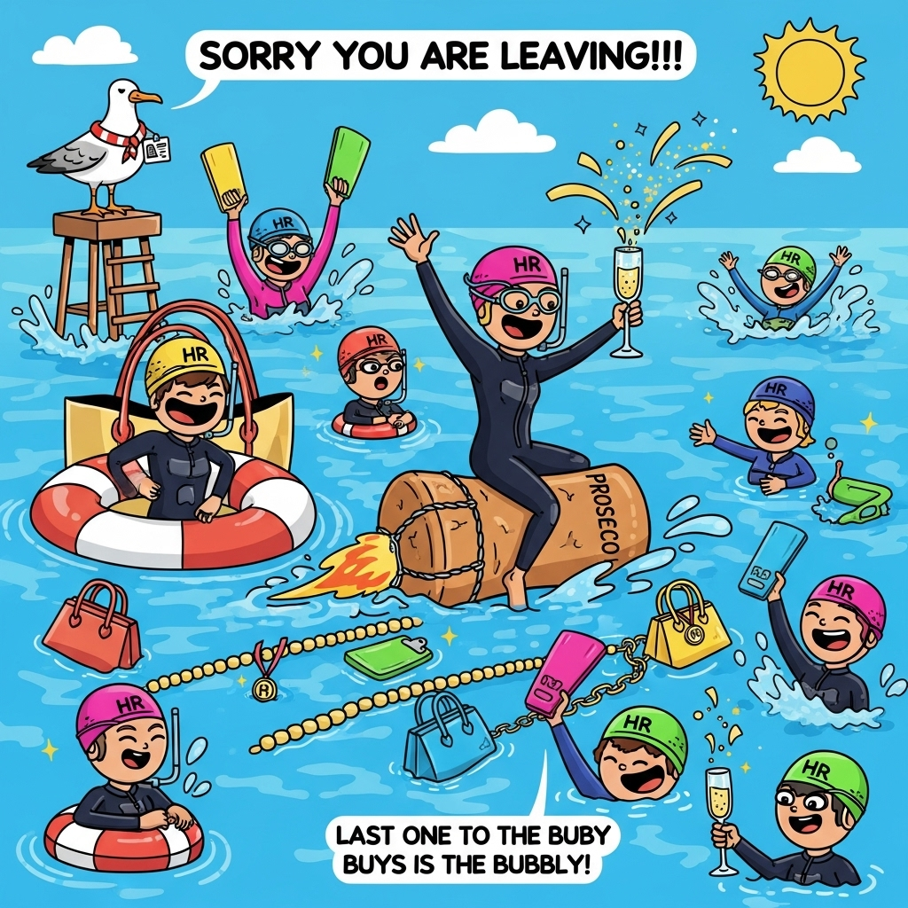 At the top of the Cartoon Style image, "Sorry You Are Leaving!!!"

Playful, funny cartoon scene on bright turquoise open water under a sunny sky. Exaggerated, big-headed HR Team characters with thick black outlines and energetic, whimsical poses splash and cheer in colorful wetsuits and neon swim caps labeled “HR.” The departing star is front and center, riding an oversized floating prosecco cork like a rocket, one hand waving grandly, the other balancing a sparkling flute; golden fizz arcs glitter like confetti. Handbags are hilarious swim gear: a giant tote used as a life ring, clutch purses as buoy markers, and a chain of handbags acting as a lane divider. Clipboards and ID lanyards double as kickboards and medals. Add playful details: a seagull lifeguard wearing an HR badge, bubbly splash shapes, sparkle highlights, and beaming faces. Use a bold, saturated palette (aqua, coral, sunshine yellow, hot pink, lime), thick outlines, chunky shadows, and dynamic diagonals for maximum pop. Small extra text: one cheeky line on a floating buoy near the bottom that reads, "Last one to the buoy buys the bubbly!"
Generated with these themes: Open water swimming, Prosecco, Handbags, HR Team, and .
Made with ❤️ by AI.