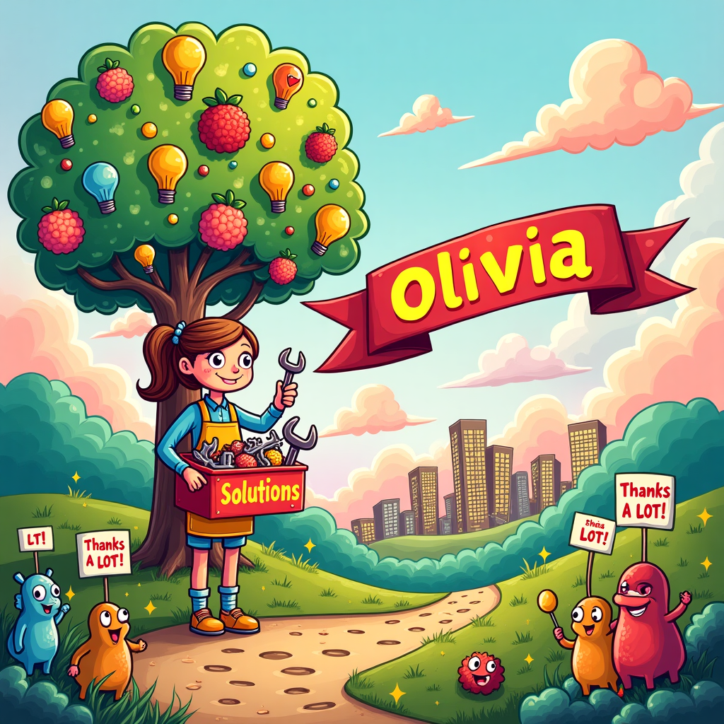 Picture a vibrant, cartoon-style landscape with a hint of whimsy and a dash of fantasy. In the center of the scene, a tall, colorful tree is laden with oversized, swirling ideas as fruit – some shaped like lightbulbs, others like gears or small rockets. Each fruit shines with exaggerated brightness, glowing in shades of bright yellow, electric blue, and vivid green.

Standing proudly at the base of the tree is a cartoon character with Olivia's name displayed prominently on her apron. She holds a giant, comically oversized toolbox labeled "Solutions" in big, bold letters. The toolbox is bursting with tools that are clearly not ordinary – there's a wrench shaped like a question mark, a hammer with a brain on its head, and pliers that resemble a pair of clasped hands.

Behind Olivia, a banner unfurls in the sky, spelling "Olivia" in bright red letters, each one tied to floating balloons that mirror the fruit colors. In the distance, a small cityscape is visible, where the buildings are cartoonishly bending towards Olivia as if paying homage, their windows forming little smiling faces.

The background is a playful blend of pastel hues – a gentle lavender sky with fluffy, cotton candy clouds tinged with pink and orange, and rolling hills of mint green. A trail of footprints made of golden sparkles leads from the city to the tree, illustrating the path of ideas turning into solutions.

In the foreground, quirky creatures resembling a blend of manga and comic book style – think exaggerated eyes and big grins – watch Olivia in admiration, holding up small signs that read "Thanks a Lot!" in varied fonts and colors like bright red, sunny yellow, and bold turquoise. The entire scene is framed by a whimsical border of swirling lines and doodles reminiscent of comic book frames, giving it a dynamic and engaging look.
Generated with these themes: Thanks a lot Olivia for how you make create ideas into strong solutions!! .
Made with ❤️ by AI.
