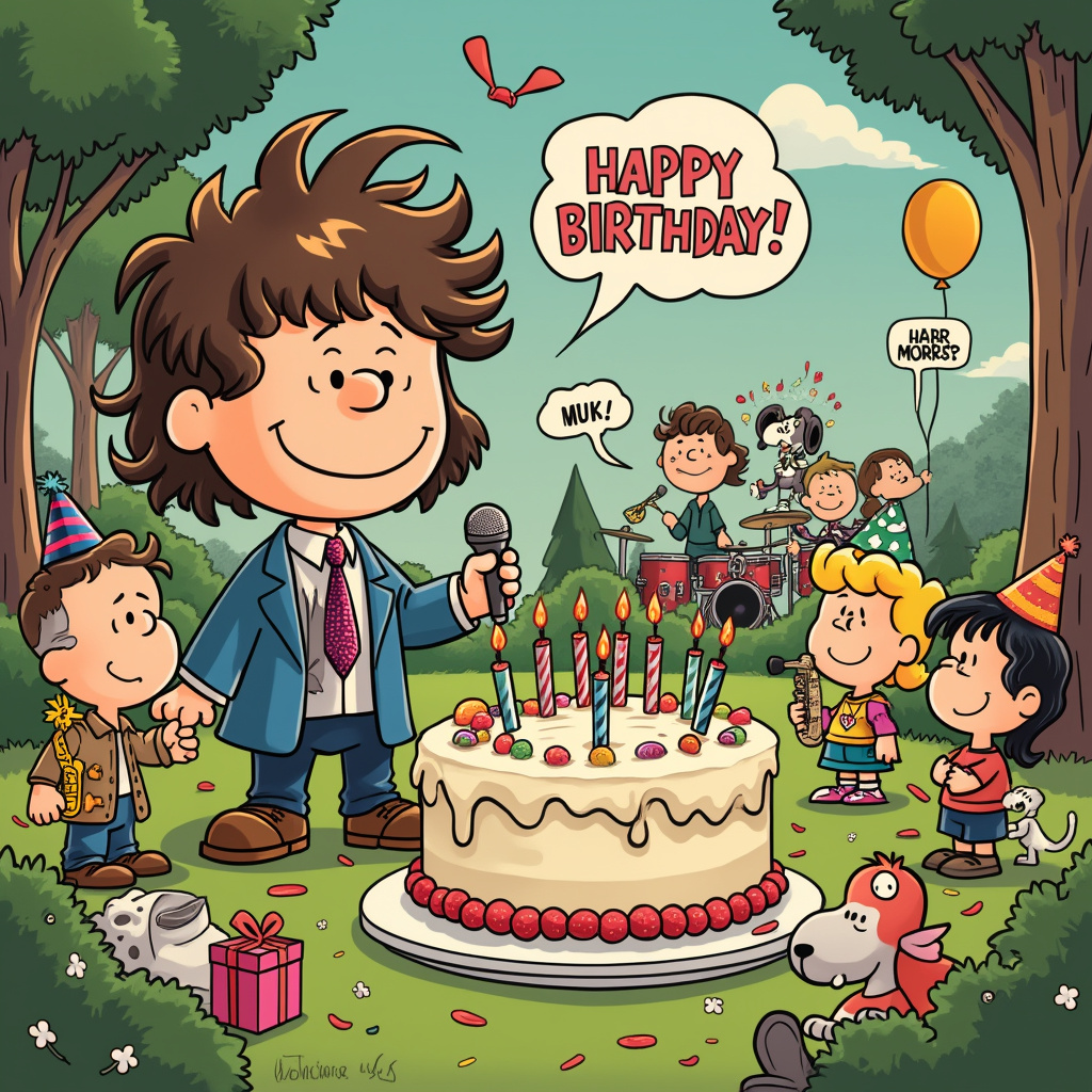 Picture a whimsical, bustling birthday party scene set in a fantastical park. At the center, there’s a comically exaggerated, life-sized cake resembling Harry Styles, complete with his iconic tousled hair, vibrant outfits, and charming smile. The cake is adorned with candles that are actually tiny cartoon microphones, adding a musical twist. 

Surrounding the cake, various characters inspired by Charles Schulz’s Peanuts are interacting with the scene. Charlie Brown and Snoopy are dressed in Harry Styles-inspired outfits: Charlie in a flamboyant suit and Snoopy in a feather boa. Lucy is holding a large, oversized birthday card with “Happy Birthday!” written in bold, colorful letters, clearly modeled after Harry’s distinctive handwriting.

In the background, there’s a whimsical band stand, reminiscent of Walt Disney’s early animations. Here, anthropomorphic instruments play themselves, creating an animated birthday tune. A saxophone with big cartoon eyes and a smiling piano add to the merriment.

Off to the side, a tiny crowd of manga-inspired characters by Osamu Tezuka, dressed in Harry Styles concert merchandise, are cheering and holding up signs that read “Happy Birthday” in bold, exaggerated fonts. Among them, a tiny robot boy (an homage to Astro Boy) is flying above, holding a balloon shaped like a giant heart.

On another side, Calvin from Calvin and Hobbes is seen sneaking up behind the cake, trying to steal a piece, while Hobbes, in a sequined jacket, playfully tugs at Calvin’s shirt to stop him. Their antics are pure Bill Watterson – mischievous yet endearing.

A humorous touch comes from Gary Larson’s influence, where an odd assortment of animals, including a cow and a chicken in birthday hats, are casually mingling with the crowd. They’re chatting in speech bubbles filled with quirky, offbeat birthday wishes.

Hergé’s influence is visible in the background with Tintin and Snowy chasing after a birthday present that’s rolling down a hill. The wrapping paper is decorated with musical notes and vibrant colors, suggesting it contains something musical.

Will Eisner’s style comes through in the dynamic expressions and exaggerated poses of all the characters, creating a lively and energetic atmosphere.

Art Spiegelman’s touch can be seen in the inclusion of a small, hand-drawn comic strip in the corner of the card. It shows a mouse family celebrating a birthday, adding a layered, meta-comic feel.

Finally, the detailed and surreal background features dream-like elements inspired by Winsor McCay’s Little Nemo. Giant flowers, oversized mushrooms, and a sky filled with floating, multi-colored musical notes make the scene vibrant and enchanting.

All these elements combine to create a visually rich, fun, and engaging birthday scene that’s sure to delight any Harry Styles fan.
Generated with these themes: Harry styles .
Made with ❤️ by AI.