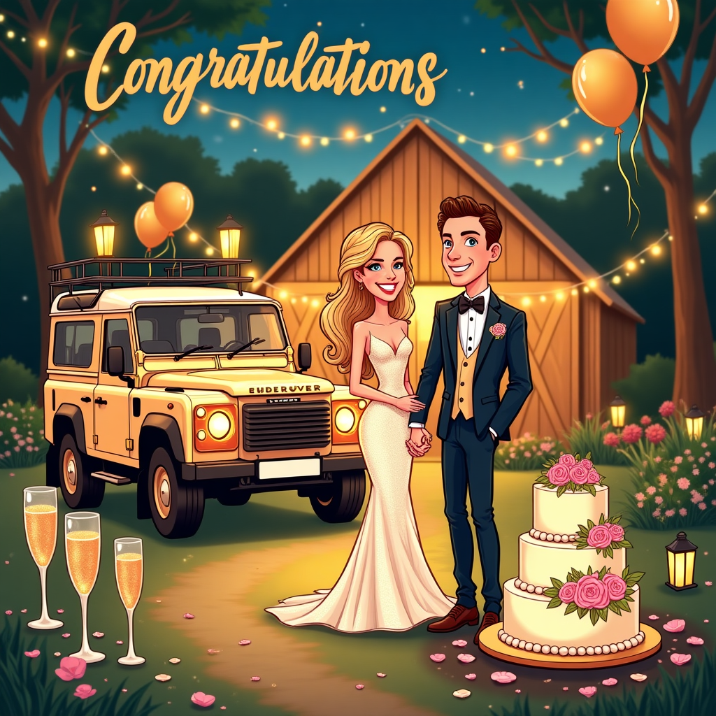 At the top of the Cartoon Style image, write in big, elegant, flowing gold script: **"Congratulations Kimberley & James"**.  

Create a playful, romantic cartoon scene in vibrant, saturated colors with thick outlines: a magical *barn glitzy garden party* under a warm, twinkling evening sky. In the center, a slim, pretty blonde bride-to-be in a dazzling gold cocktail dress, laughing and holding hands with a slim, handsome brown-haired groom in a sleek black tuxedo, both drawn with exaggerated whimsical features. Beside them, a shimmering *gold Land Rover Defender* festooned with fairy lights, gold-and-black balloons tied to its roof, and bunting fluttering above. The barn doors are open behind them, revealing the glow of a golden-lit party with guests dancing. A tiered white *wedding cake* adorned with gold ribbons and delicate sugar flowers sits on a table, with two tall *champagne glasses* clinking in the foreground, tiny cartoon bubbles fizzing out. The garden sparkles with hanging lanterns, scattered petals, and a soft romantic glow. The mood is joyous, sparkling, and full of love, with a whimsical charm perfect for a wedding greeting card.  

Would you like me to also add a **small cheeky romantic tagline** under the image for extra personality?
Generated with these themes: Barn glitzy garden party, Slim pretty blonde in cocktail dress in gold, Slim handsome brown haired main in tuxedo , Land Rover defender in gold with lights, Party, gold and black balloons, bunting, Wedding cake , Champagne glasses, and .
Made with ❤️ by AI.