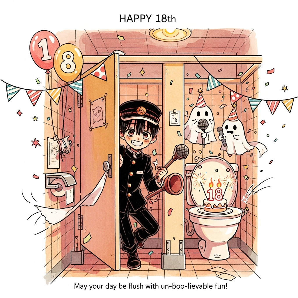 At the top of the Illustration Style image, Happy 18th

Hand-drawn illustration with fine linework and textured brush strokes, warm expressive palette (sunset golds, peach, coral, and deep maroon shadows). Scene: A whimsical, old Japanese school bathroom corridor. Center frame, Toilet-Bound Hanako-kun pops cheekily out from a slightly ajar stall door, grinning, in his black school uniform and round cap with the seal charm. His two haku-joudai float like party balloons wearing tiny cone hats, one shaped like a “1” and the other like an “8.” Toilet paper streamers drape like bunting, confetti flutters, and a plunger is held like a microphone. On the closed toilet lid sits a small birthday cake with ghost-flame candles forming “18,” sparklers fizzing softly. Subtle paper-talisman charms on the stall, glossy tiles catching warm overhead light, soft watercolor textures and balanced composition with generous breathing room around the character. Playful motion lines and tiny star sparkles for comedic energy. Add a small, hand-lettered caption at the bottom: “May your day be flush with un-boo-lievable fun!”
Generated with these themes: Toilet-Bound Hanako-kun , and .
Made with ❤️ by AI.