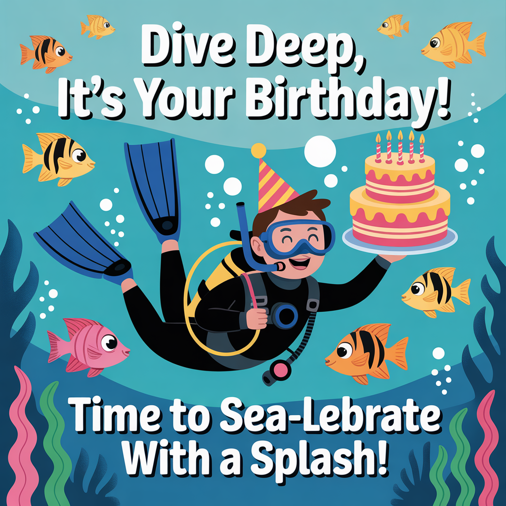 At the top of the image, "Dive Deep, It's Your Birthday!":

At the bottom of the image, "Time to sea-lebrate with a splash!"

- In the center of the image, create an illustration of a cheerful scuba diver surrounded by playful fish. The diver holds a large, colorful birthday cake in one hand, while a curious fish tries to sneak a bite.
Generated with these themes: Scuba diving, and .
Made with ❤️ by AI.