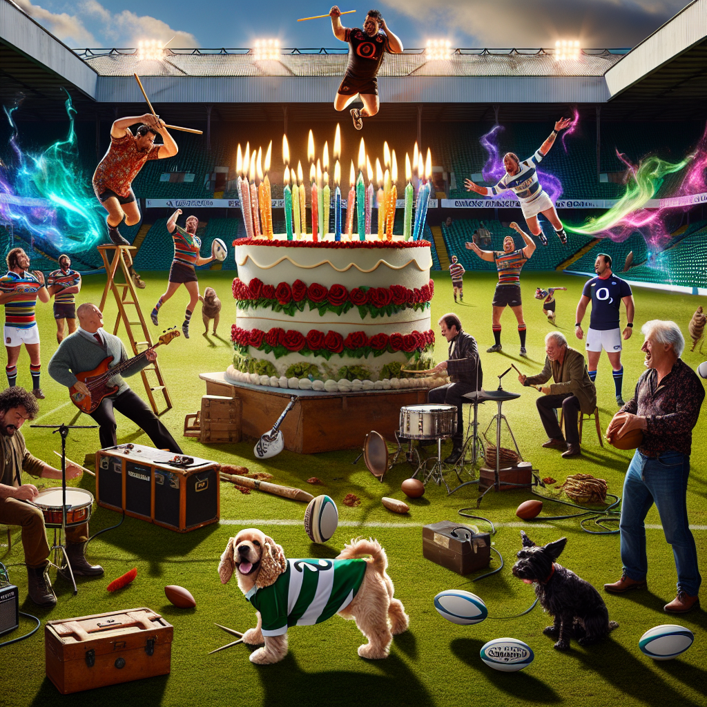 This fantastical birthday scene takes place on the lush green pitch of a prestigious rugby club. Hovering above the field is an enormous birthday cake, the glow from its candles reflecting on the faces of enthusiastic rugby players representing a variety of descents. A lively Caucasian male carpenter with his tools, constructs an unbelievable stage that defies the laws of gravity for an energetic cocker spaniel in a local rugby jersey, cheerfully pursuing rugby balls. To one side, a ghostly rock band consisting of diverse musicians paves way for the celebrations, their rhythms instigating vivid waves of captivating color that dance around the gathering.
Generated with these themes: St Helens rugby club, Carpenter, Cocker spaniel , and Rock gig .
Made with ❤️ by AI.