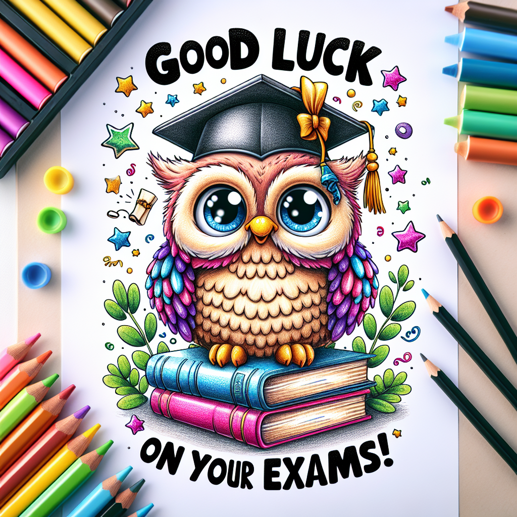 Create a whimsical image featuring a merry cartoon owl with large, expressive eyes, sitting on a pile of vibrantly coloured books. The owl is wearing a graduation cap and has a diploma in its wing. Below the owl, in fun, bold text, the words 'Good luck on your Exams!' are inscribed. Surrounding the message, include a scattering of confetti and stars to enhance the festive environment.
Generated with these themes: Good luck, and Exams.
Made with ❤️ by AI.