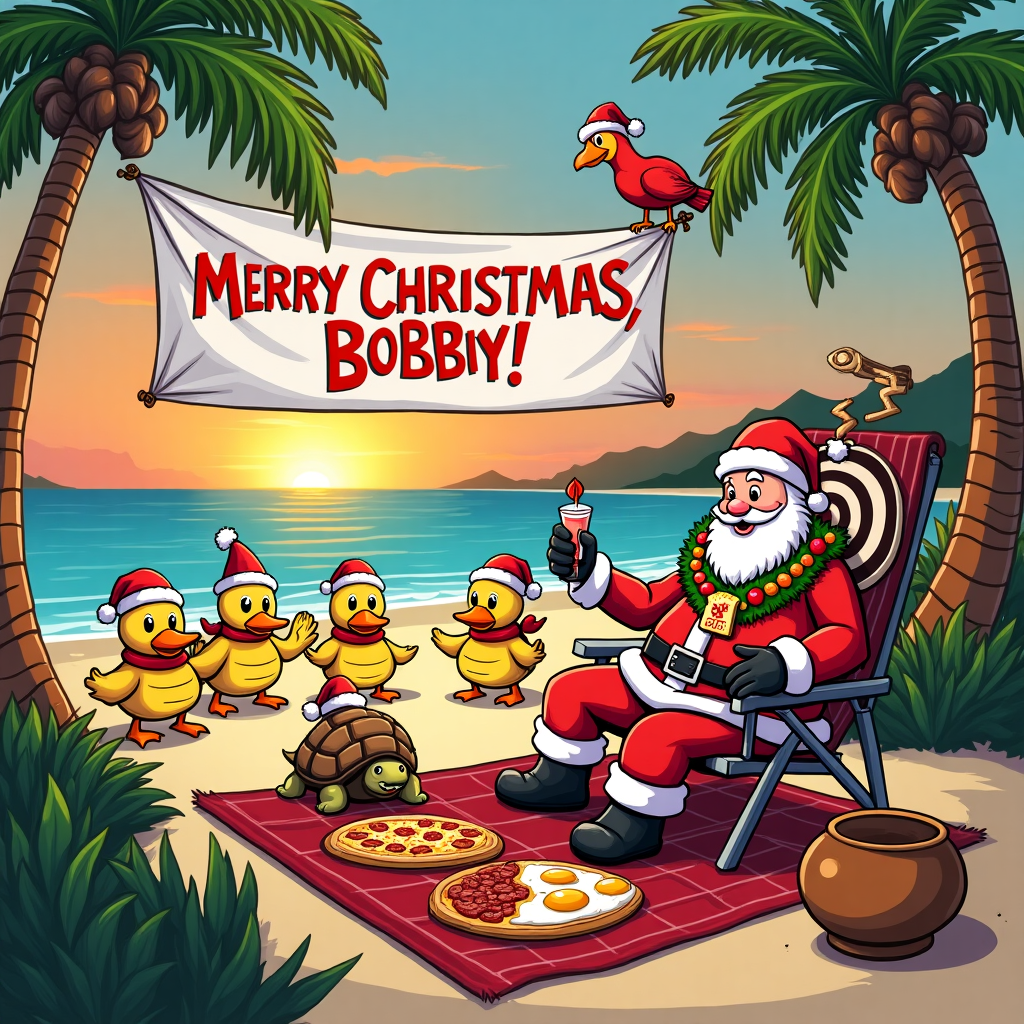 In a delightfully chaotic Christmas cartoon scene, imagine a bustling Hawaiian beach where the sun is setting, painting the sky with warm oranges and purples. On this tropical yet festive shoreline, a group of cartoonish ducks donning Santa hats are engaged in a heated game of darts. The dartboard, humorously painted to look like a target with the Liverpool FC logo, is pinned to a large coconut tree. Nearby, a jolly tortoise, sporting a miniature Hawaiian shirt and a Liverpool FC scarf, is leisurely moving toward a picnic area. The picnic blanket is laden with a bizarre but amusing combination of items: a full English breakfast, complete with crispy bacon, plump sausages, sunny-side-up eggs, baked beans, and toast, all whimsically arranged to resemble a smiling face. 

In the foreground, a grinning Santa Claus, wearing a Hawaiian lei over his traditional red suit, is lounging on a beach chair while munching on a slice of pineapple pizza. His beachside setup includes a tiny umbrella table supporting a frothy coconut drink. Above him, a banner attached to two towering palm trees flutters gently in the breeze, reading “Merry Christmas, Bobby!” in vibrant, festive colors. The letters are whimsically styled to incorporate elements of the beach, like sandcastle shapes and seashells. Finally, a playful parrot perched on the end of the banner is attempting to balance a dart on its beak, adding a touch of mischief to this lively scene.
Generated with these themes: Hawaii, Liverpool fc, Darts, Ducks, Tortoise, and Full english breakfast.
Made with ❤️ by AI.