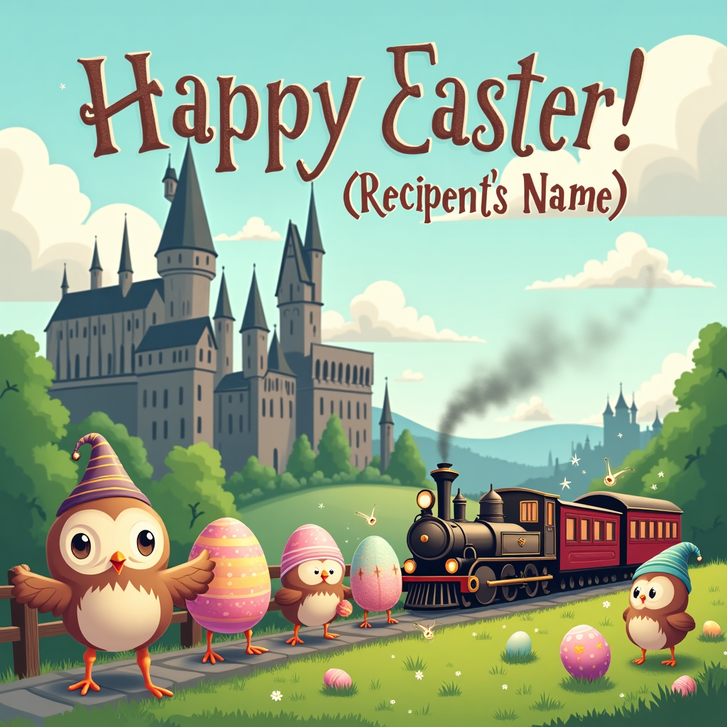 In this whimsical Easter greeting card, the scene is set in a fantastical meadow at the edge of Hogwarts, with the iconic castle looming majestically in the background. The castle's spires reach toward the sky, dotted with whimsical clouds that spell out "Happy Easter, [Recipient's Name]!" in a playful, swirling font reminiscent of magical script. In the foreground, the Hogwarts Express is puffing gently along a track that loops through the meadow. The train is adorned with colorful, oversized Easter eggs that seem to have been enchanted to dance atop the carriages, glistening with pastel hues and intricate, glittering designs. Beside the train, a group of cheerful cartoon owls, each donning a little wizard hat, are merrily perched along a nearby fence. They're carrying tiny baskets filled with more sparkling Easter eggs, their feathers ruffling with excitement. One owl, in particular, is wearing a pair of spectacles and has a tiny magic wand tucked under its wing, hinting at its role as the leader of this magical Easter parade. Scattered across the grassy field are animated Easter eggs with little legs and faces, playfully chasing each other, while a series of small, enchanted wands are casting shimmering spells in the air, making small fireworks of stars and sparkles. The entire scene is infused with a sense of joy and wonder, capturing the essence of both Easter and the magical world of Hogwarts, all while creatively celebrating the recipient's name within the enchanted clouds above.
Generated with these themes: Hogwarts castle , Easter eggs , Hogwarts train , Magic wands, and Owl.
Made with ❤️ by AI.
