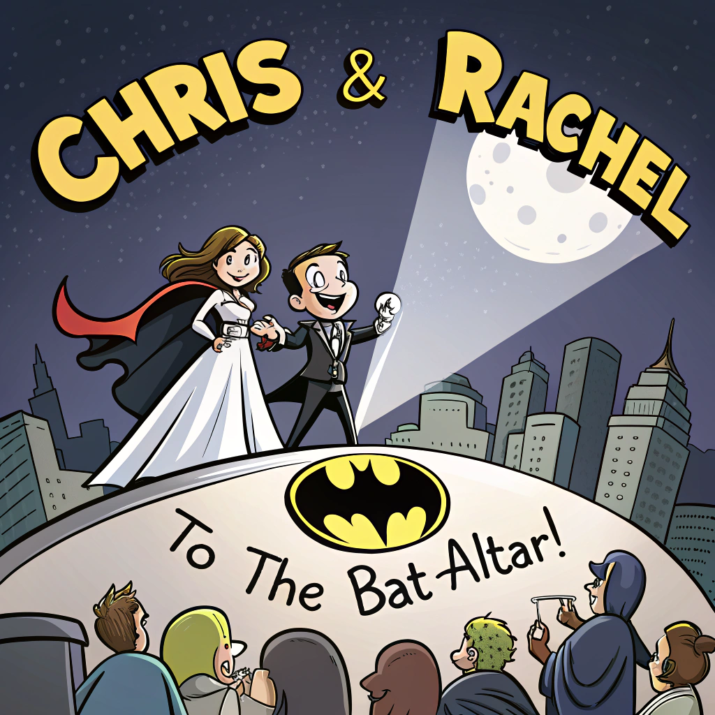 At the top of the Cartoon Style image, "Chris & Rachel" in bold comic-book title lettering, bright bat-signal yellow with chunky black outline.

At the bottom of the image, "To the Bat-Altar!" in a playful jagged comic-burst banner.

In the center, illustrate a funny, high-energy cartoon wedding scene: an oversized-moon night sky and a stylized city skyline. The bat-signal beams up as a glowing gold wedding ring with tiny bat-ears, casting dramatic light. The couple, with exaggerated big heads and huge grins, swing toward each other on a grappling line that curves into a heart. The groom wears a tux with a mini bat-cowl and cape; the bride wears a flowing white dress with a cute bat-veil and a small cape, bouquet bursting with black-and-yellow flowers. Below, a sleek batmobile with a “Just Married” sign and tin cans clattering trails off. Confetti of tiny bats and hearts swirls around, with small pop-art starbursts reading “POW!” and “VOW!” Thick outlines, bright saturated colors (electric blues, neon yellows, hot pinks, deep purples), dynamic swooshes and speed lines, whimsical proportions, and bouncy, energetic poses. Keep clear space so the top and bottom text pop.
Generated with these themes: Batman, and .
Made with ❤️ by AI.