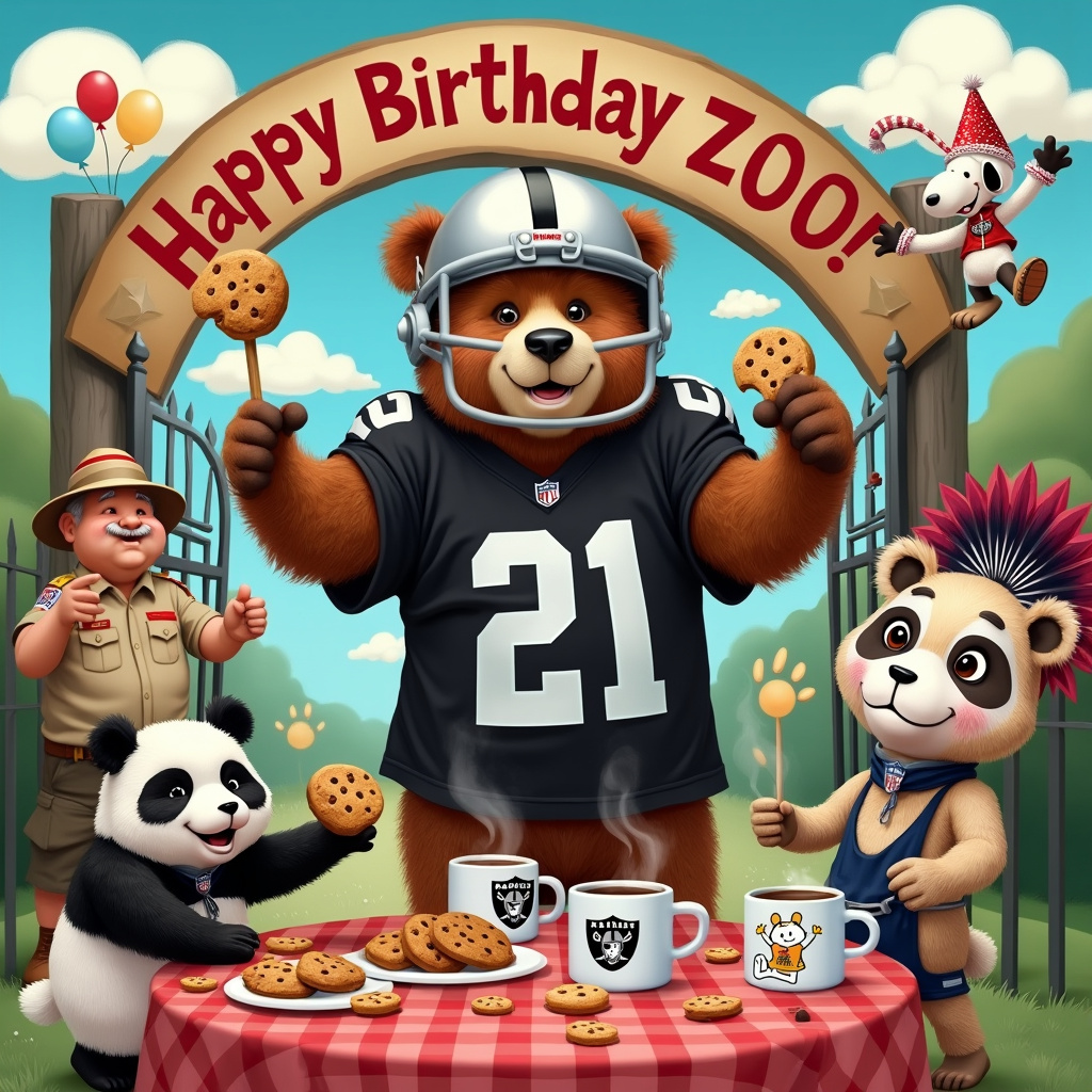 Bears, Las Vegas raiders , Cookies, Coffee, and Zoo keeper Birthday Card