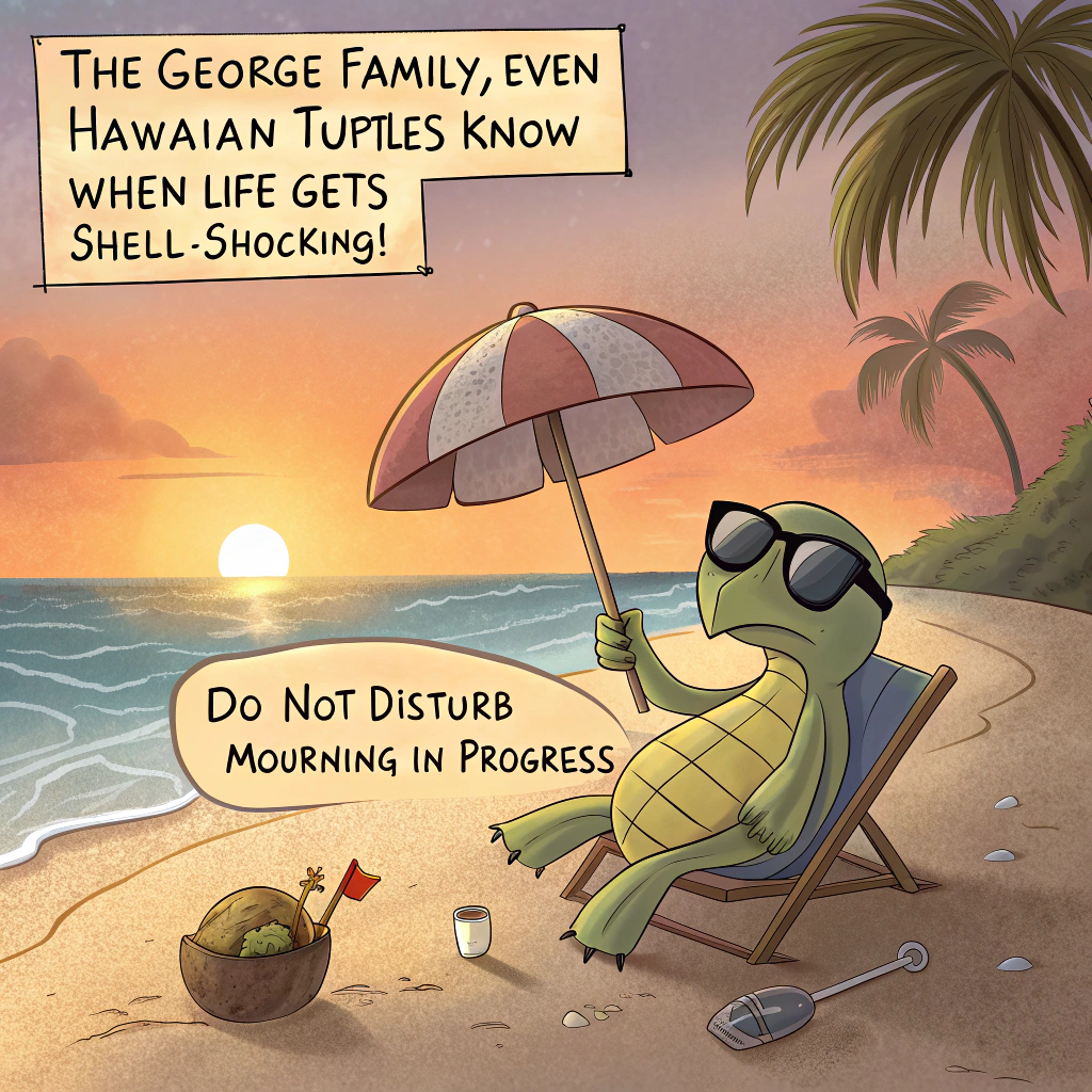 At the top of the image, "The George Family, even Hawaiian turtles know when life gets shell-shocking!"  

- The image is a realistic photograph of a serene beach scene at sunset.  
- In the foreground, a large Hawaiian sea turtle is reclining in a miniature beach chair under a tiny umbrella, wearing comically oversized sunglasses and holding a coconut drink with a tiny black armband tied around its flipper.  
- Nearby, a “Do Not Disturb – Mourning in Progress” sign is half-buried in the sand, next to a pair of flippers poking dramatically out of the beach.  
- In the background, other turtles can be seen offering leis to one another somberly, as a crab plays a sad tune on a ukulele.  
- The atmosphere combines beauty with gentle absurdity, making the viewer smile even in sympathy.
Generated with these themes: Hawaiian turtle, and Beach.
Made with ❤️ by AI.
