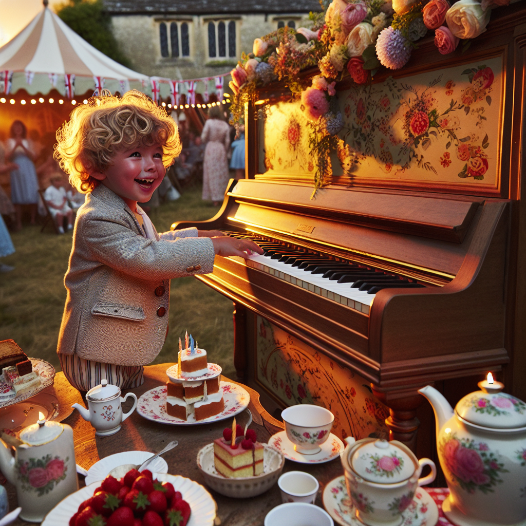 Piano, Cotswolds, Tea and cake , Food, Toddler son with light curly hair , Teacher, and Summer fete Birthday Card