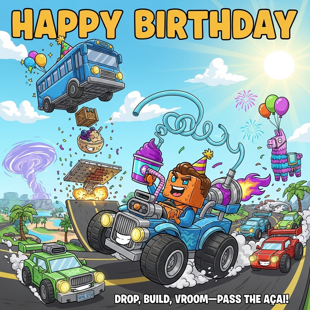 At the top of the Cartoon Style image, HAPPY BIRTHDAY

A hilarious, high-energy mash-up scene: a Fortnite-style sky with a giant blue party balloon-bus floating overhead, dropping supply crates shaped like acai bowls. Below, a LEGO-style brick-built hot-rod car with comically oversized wheels drifts around a freshly popped-up ramp (Fortnite-style build pieces—wood, brick, metal) as confetti explodes. The driver is a blocky, brick-like hero with a huge grin and party hat, slurping an acai smoothie through a ridiculously long curly straw; the car’s “nitro” is a sloshing acai bowl tank, blasting purple smoothie flames. More cartoon cars made of colorful bricks fishtail behind, smiling headlights and goofy spoilers, while a cheerful llama piñata balloon waves from the sidelines. A bright racetrack winds across a sunny battle-island with palm trees, a distant purple storm swirl, balloons, and fireworks. Thick black outlines, exaggerated proportions, squishy chibi vibes, and bright saturated colors (neon purple, aqua, lime, sunshine yellow). Make the “HAPPY BIRTHDAY” text big, bubbly, and colorful above the action. Avoid real logos.

Add a small, cheeky caption near the bottom on a bumper plate or road sign:
“Drop, build, vroom—pass the acai!”
Generated with these themes: Fortnite, Lego, Cars, Acai, and .
Made with ❤️ by AI.