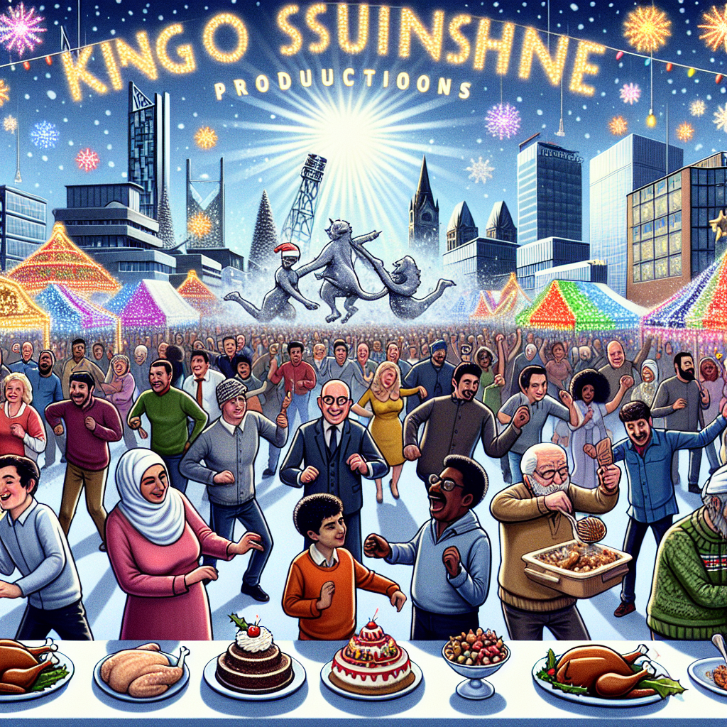 In this comical Vector illustration, caricature residents of Manchester perform a festive dance around a bountiful Media City. The Christmas trees are animated, bedecked in colorful lights, interspersed with scenes of families partaking in a traditional turkey dinner. Dessert stands overflow with sweet treats, and the phrase 'King of Sunshine Productions' is emblazoned proudly above. As the clock strikes midnight, 'Happy New Year' sparkles in the winter sky.
Generated with these themes: Christmas trees, Dancing , Manchester , Media city , Turkey dinner , Desserts , and Happy new year .
Made with ❤️ by AI.