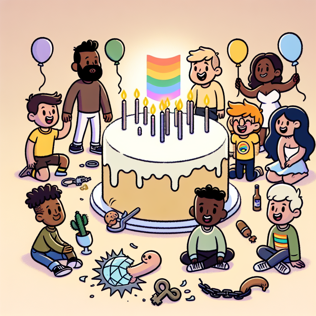 Generate an upbeat, birthday-themed illustration featuring animated characters of different descents and genders. They are collectively holding a large festive cake. Around the cake's base, include cartoon symbols embodying unity and resistance against social issues. A crumpled rainbow flag, for symbolizing the resistance against homophobia; broken chains to represent the struggle against racism; and a shattered glass ceiling as a symbol of the fight against misogyny. In a corner, include a small cactus, subtly shaped reminiscent of a penis as a humorous gesture to symbolize fertility and new beginnings, introducing a playful adult element to the otherwise innocent setting.
Generated with these themes: Racism , Misogyny , Homophobia , and Penis.
Made with ❤️ by AI.