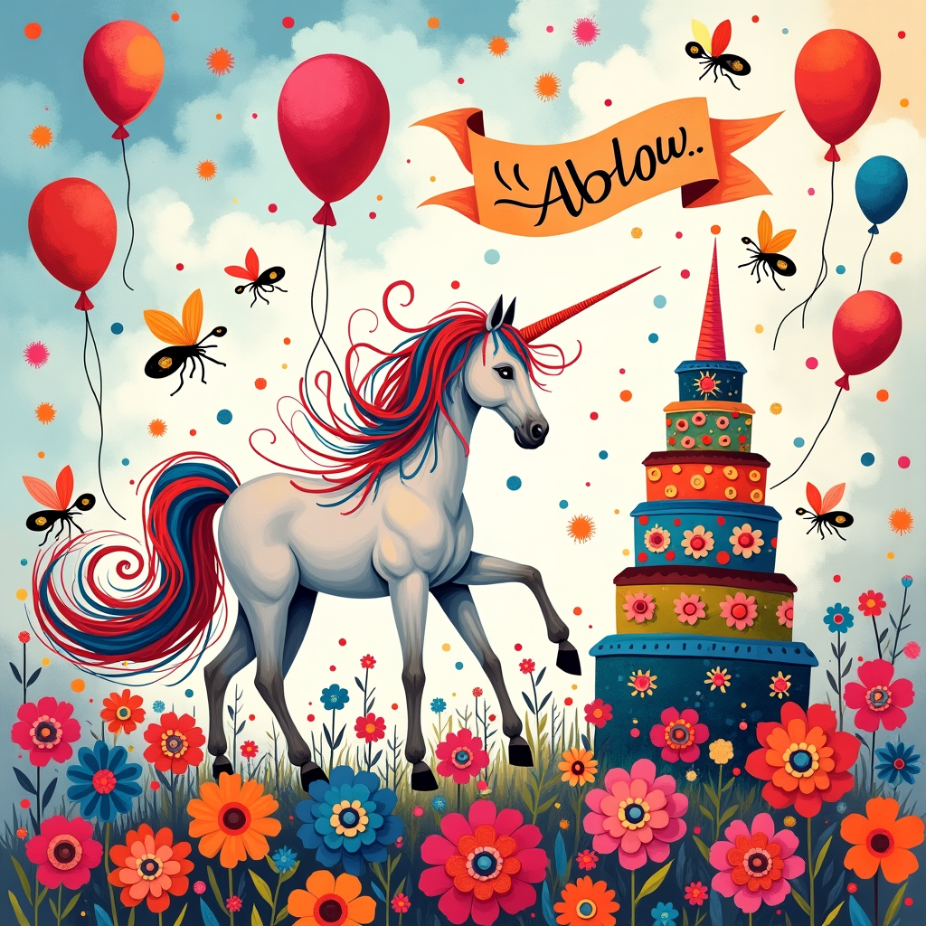 In the heart of this birthday card, imagine a kaleidoscope of vivid, swirling colors inspired by Kandinsky's dynamic compositions, where spirals of blues, reds, and yellows whirl together in a harmonious yet chaotic dance. Within this vibrant backdrop, a prominent unicorn takes center stage, its mane a cascade of Pollock-inspired drips and splatters in neon pinks and purples, creating an energetic burst against its sleek, abstract white form.

Encircling the unicorn, abstracted flowers reminiscent of Miró's whimsical shapes float gracefully. These flowers boast geometric petals in primary colors, their forms hinting at Mondrian's grid work with a playful twist. Scattered throughout are busy, buzzing bees, their wings shimmering with translucent patches of Rothko-esque blocks of pastel hues, flitting from flower to flower in a choreographed ballet.

Balloons ascend in the scene, shaped as deconstructed ovals filled with Richter-inspired smudges and blends of contrasting colors, merging and diverging as they soar upwards. Below, a towering birthday cake rises, tiered in a minimalist Malevich style, each layer a stark rectangle. The cake’s surface is adorned with a rhythmic pattern of spiraling icing, echoing Twombly's loops and swirls in a cacophony of vibrant, celebratory tones.

Scattered across the canvas are ballerinas, their figures abstractly sketched in de Kooning's loose, expressive strokes, donning party hats that mirror the angular precision of Agnes Martin's grid lines. These hats, perched jauntily, are splashed with bright, contrasting colors, adding a whimsical touch to their fluid movements.

Suspended in the sky, a swirling banner of ribbon-like text unfurls in a cosmic dance, spelling out "Abby" in a harmonious blend of vivid hues, its letters looping elegantly in a fluid, cursive style that complements the energetic scene. This name, nestled amongst the abstract clouds of swirling pastel tones, stands out, anchoring the viewer's gaze amidst the vivid celebration of shapes, colors, and forms that envelop the composition.
Generated with these themes: Flowers, Unicorns, Bees, Party Hats, Balloons, Birthday cake, and Ballerinas.
Made with ❤️ by AI.