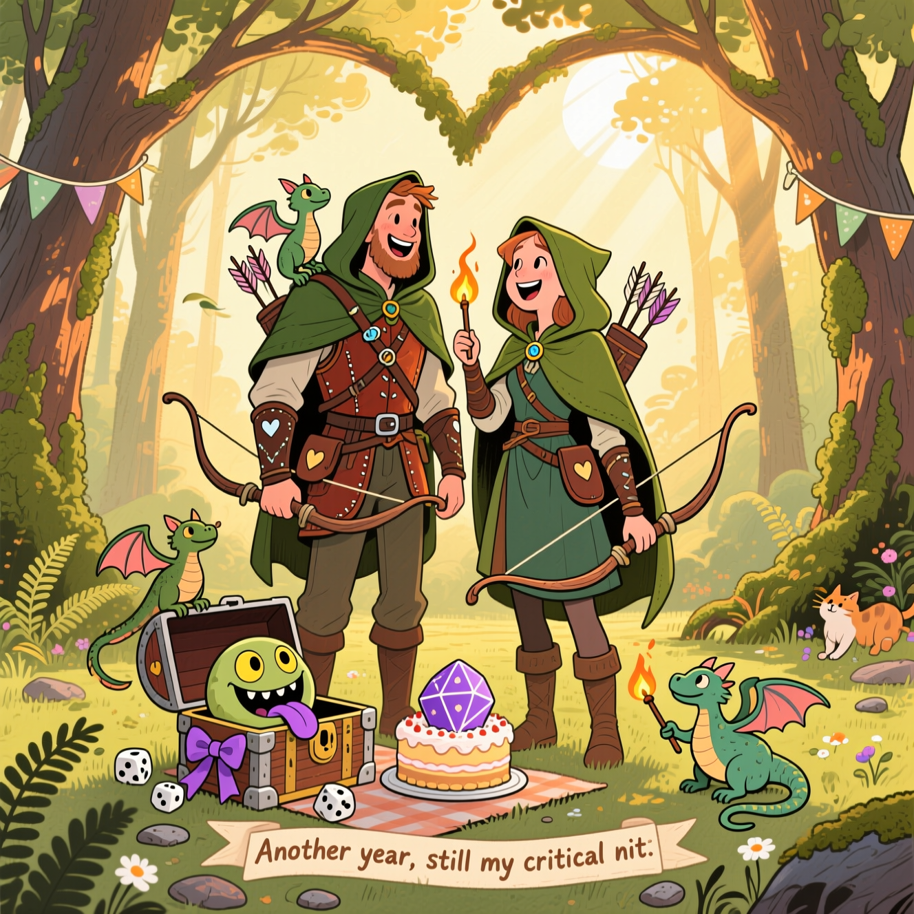 Hand-drawn illustration with fine linework, textured brush strokes, balanced composition, and a warm, expressive color palette. Funny DnD woodland scene at golden hour: a ranger husband and wife stand side by side in a sun-dappled forest clearing, mid-laugh, bows slung across their backs, matching hooded cloaks in complementary forest green and russet. Leather armor with tiny stitched heart motifs; quivers hold heart-fletched arrows; wedding rings catch a sunbeam. In front of them, their “romantic picnic” chest is actually a goofy mimic: lid ajar like a grin, bright eyes, a long purple tongue sneaking frosting off a d20-shaped cake; a ribbon and bow half-swallowed. Tiny friendly dragons bustle about: one perches on her shoulder toasting a marshmallow with a delicate puff of fire, one hangs bunting between trees, another curls around his boot like a cat, and a baby dragon tugs playfully on the mimic’s bow. Ferns, wildflowers, scattered dice like pebbles on the forest floor; trees arch overhead forming a natural heart shape in the canopy. Warm greens, mossy textures, amber light shafts, and playful details; gentle paper grain visible, inked linework with watercolor-and-gouache washes. Small, hand-lettered ribbon near the bottom (subtle, not overpowering) with the single line: “Another year, still my critical hit.” in warm cream ink.
Generated with these themes: A DND theme of a ranger husband and wife in the woods with some dragons and a mimic, and .
Made with ❤️ by AI.
