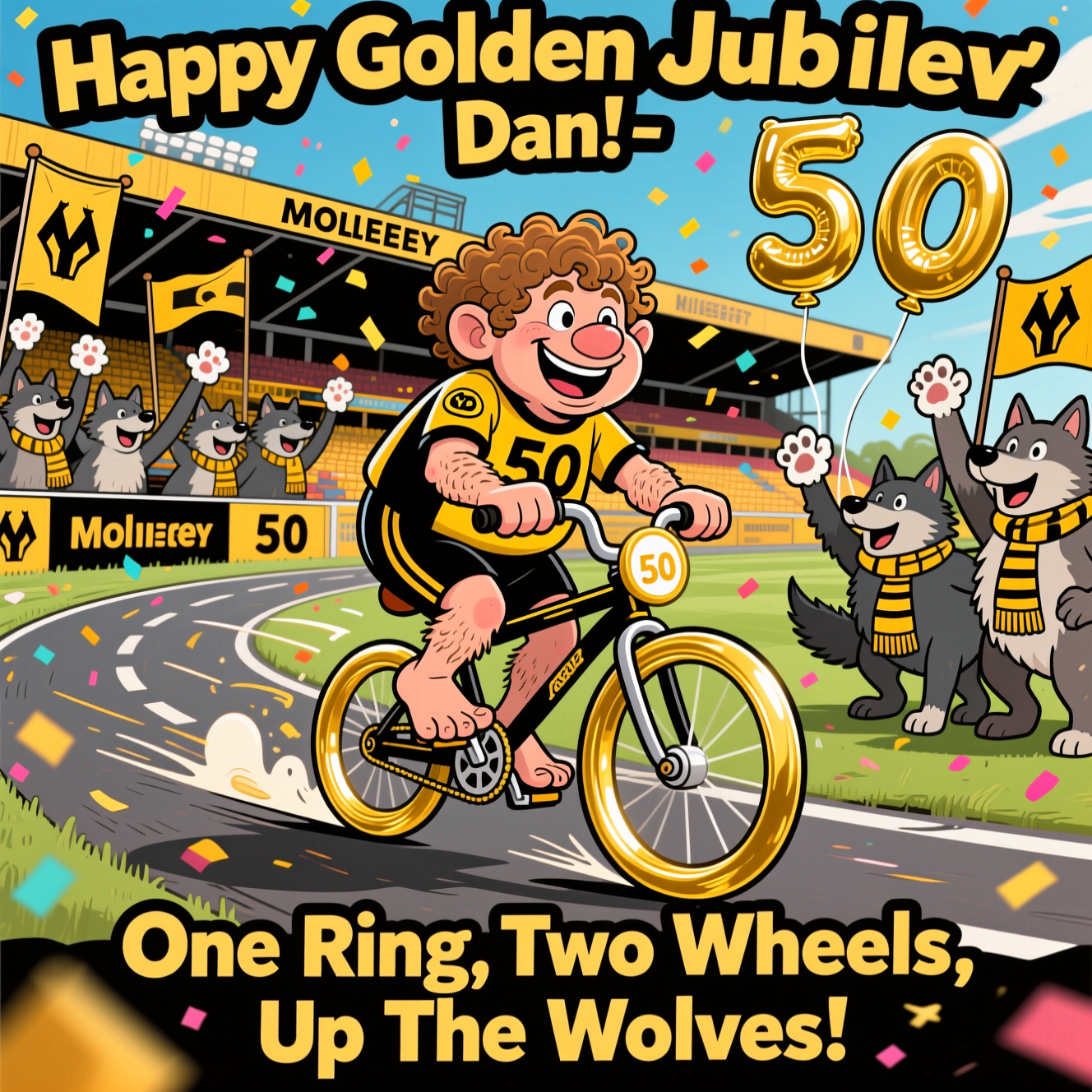 At the top of the Cartoon Style image, "Happy Golden Jubilee Dan!"

- Center scene: A cheeky hobbit cyclist with exaggerated proportions (big head, beaming grin, curly hair, oversized hairy feet pedaling barefoot), wearing a Wolverhampton Wanderers–inspired old-gold and black kit with a bold “50” on it. He’s zooming on a comically tiny road bike whose two wheels are gleaming golden rings, with swooshing motion lines and sparkly confetti bursting around.
- Background: A stylized stadium reminiscent of Molineux with old-gold and black banners; a playful pack of cartoon wolves in old-gold scarves cheer and wave flags, foam paws raised. Metallic gold balloons shaped like “5” and “0” float up. The road subtly curls into a “50” beneath the bike.
- Style: Playful, bright saturated colors, thick black outlines, bouncy, energetic poses; bold, chunky, high-contrast typography integrated with the scene.

At the bottom of the image, "One Ring, Two Wheels, Up The Wolves!"
Generated with these themes: Wolverhampton Wanderers Football Club, Hobbit , Cycling , and .
Made with ❤️ by AI.