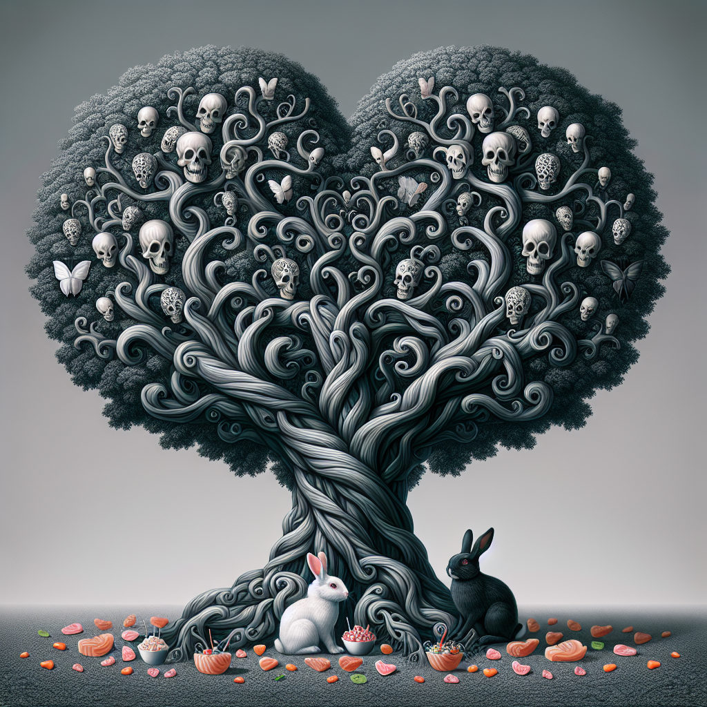 Create a surrealistic imagery of an anniversary celebration. Central to the image is a massive tree, its branches artistically interlacing to form a heart, reflecting the everlasting growth of love. Seated under this tree are two rabbits, one white and one black, peacefully partaking in sweets, symbolizing harmony and sweetness of a journey taken together. However, an unusual feature of the tree is that instead of flowers, it bears leaves that are intricately designed skulls, a playful yet deep reminder of the phrase 'till death do us part'.
Generated with these themes: White rabbit, Black rabbit, Tree, Heart, Sweets, and Skull.
Made with ❤️ by AI.