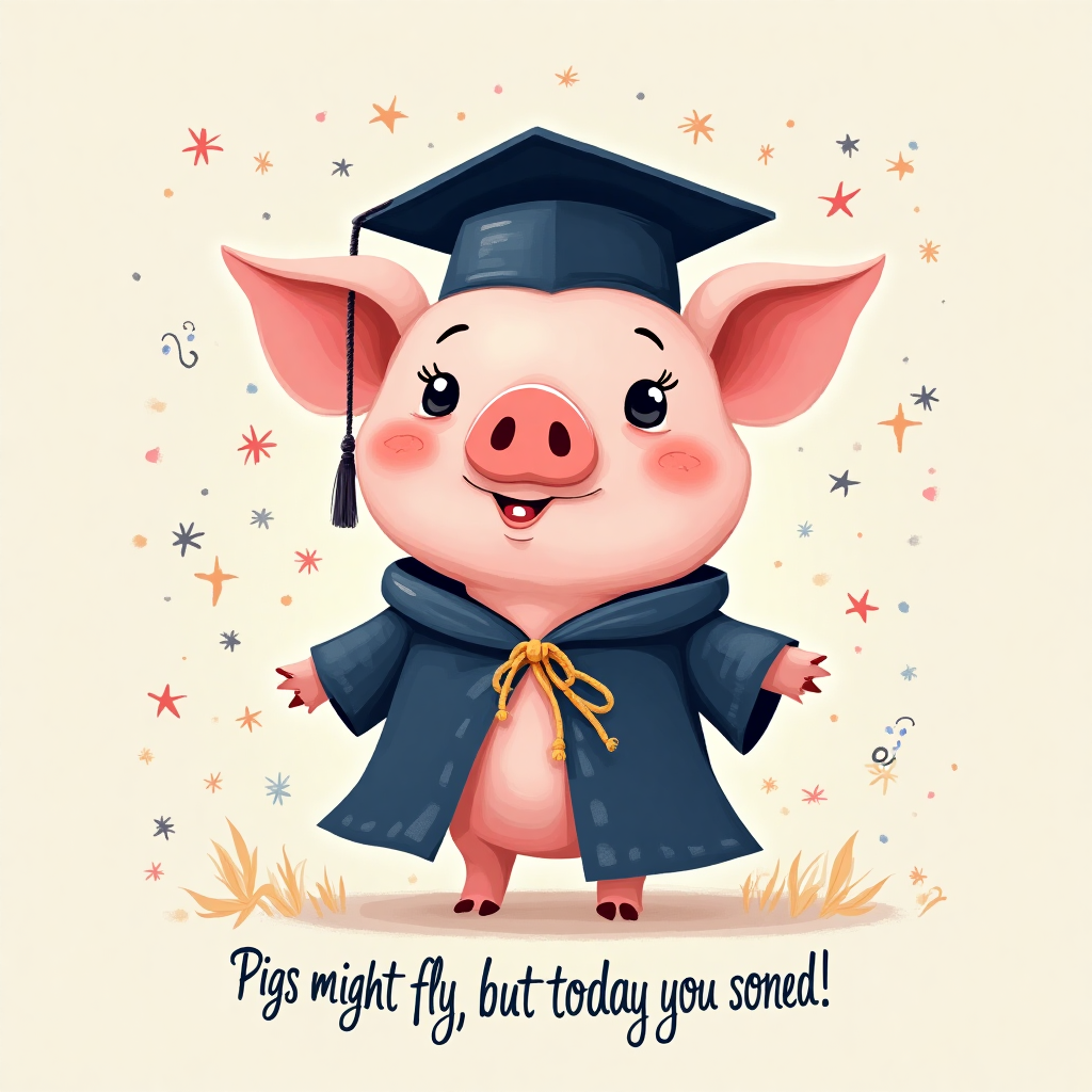 A pig in a cap and gown, and Congratulations Card