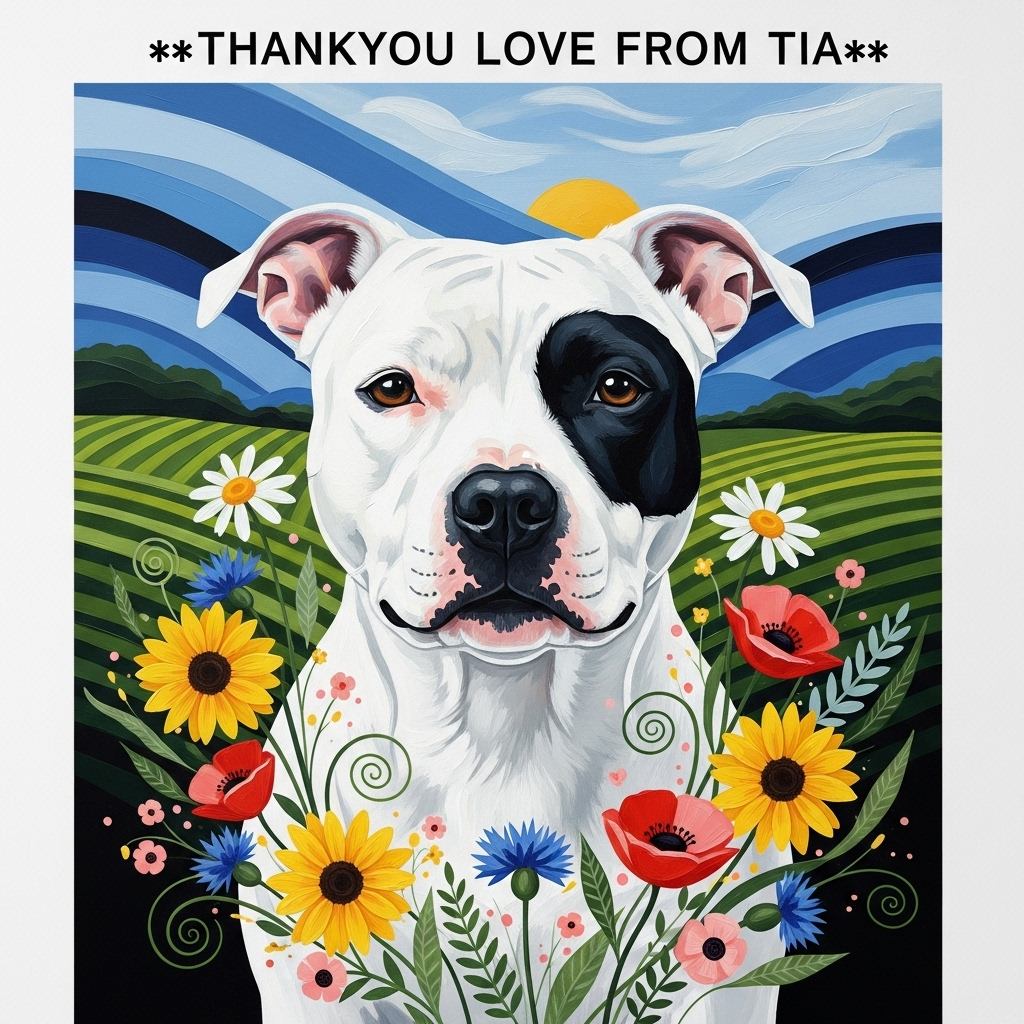 At the top of the Abstract Style image, Thankyou Love From Tia 

- Modern abstract, bold and expressive: geometric shapes interlaced with fluid curves, high-contrast colors, dynamic brush-stroke textures, sincere and heartfelt mood.
- Central subject: a white Staffordshire bull terrier (staffy) rendered in clean white planes, with a distinct matte-black patch across the dog’s left eye and cheek (dog’s left; viewer’s right). Gentle 3/4 pose, soft amber eye, kind expression. The black patch forms a sweeping crescent, echoed by nearby curves.
- Surrounding scene: an abstract countryside—rolling hills as layered arcs and bands of emerald and olive; a cobalt-to-cerulean sky as broad curved swaths; a sun-disc hinted with soft gold glaze.
- Flowers: energetic wildflower bursts (daisies, cornflowers, poppies) expressed as radial rosettes, petal shards, dotted stamens and leaf chevrons. Spiraling stems and petals orbit the staffy’s chest and flow into the hills.
- Composition: diagonal energy from lower-left to upper-right; the staffy slightly off-center; preserve breathable negative space near the top for the main text; floral arcs frame the muzzle and shoulder.
- Palette: crisp white and deep ink-black; cobalt and cerulean sky; viridian/emerald greens; sunflower yellow, poppy red, and fuchsia highlights; blush peach accents; keep contrast high and luminous.
- Texture: thick impasto sweeps, palette-knife scrapes, chalky dry-brush over subtle canvas grain; lively paint spatters around the flowers; soft glazing halo around the dog for a sincere glow.
- Light: warm late-afternoon honey-gold rim light tracing the dog’s contour and kissing the flowers.
- Typography for the top line: clean hand-painted sans or gentle brush script in bright white or warm cream, laid over a soft semi-transparent cobalt ribbon; generous letter-spacing; ensure clarity over the sky; no drop shadows.
- Small secondary caption at the bottom in tiny handwritten brush script: “You make my heart go fetch and bloom.” Place it along a curving stem; keep it understated.
- Overall: full-bleed portrait orientation, modern expressive abstract painting, tender yet vibrant; no extra lettering beyond these lines.
Generated with these themes: White staffy with black patch over left side of face, Flowers, Countryside , and .
Made with ❤️ by AI.