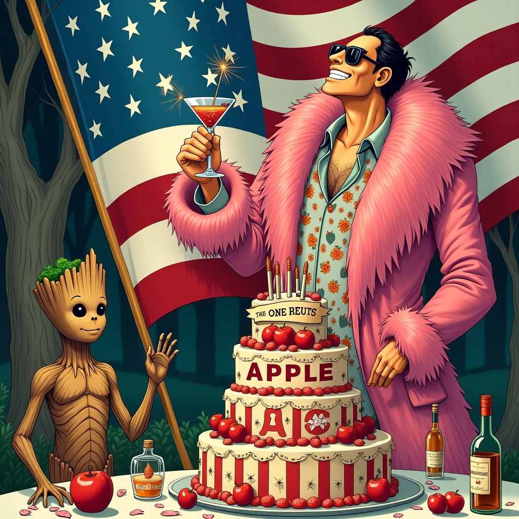 Doflamingo from One Piece, American flag, Groot, and Liquor Birthday Card