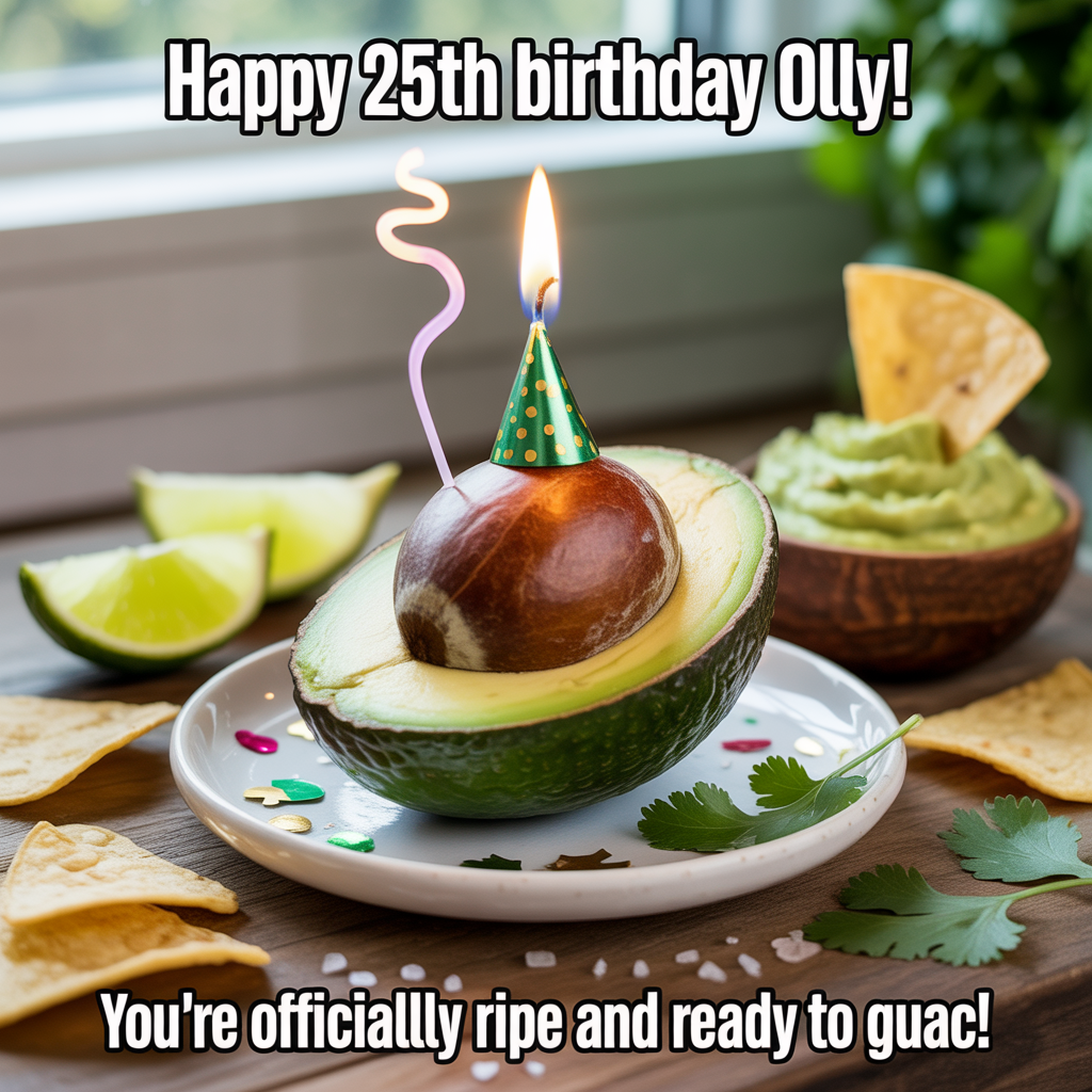 At the top of the Photorealistic picture taken from a camera image, "Happy 25th Birthday Olly!"

At the bottom of the image, "You're officially ripe and ready to guac!"

Ultra-high-definition 4K UHD photograph, realistic and funny mood. Center foreground: a perfectly ripe halved avocado propped upright on a small white ceramic plate; the glossy brown pit is in place and wears a tiny metallic green party hat. A slim birthday candle is anchored into the pit, softly glowing with a warm flame and a hint of curling smoke. Natural window light from the left creates crisp highlights on the buttery green flesh and subtle shadows along the pebbled dark skin. Around the plate: festive green-and-gold confetti, a few tortilla chips, coarse sea salt flakes, cilantro sprigs, and lime wedges with visible juice beads for lifelike texture. To the right, a small bowl of creamy guacamole with a textured swirl; a chip dipped at the edge as if caught mid-party snack. Background: shallow depth of field with rich bokeh; out-of-focus metallic green foil balloons shaped as the numbers 2 and 5, plus a soft string of warm fairy lights and a hint of bunting. Composition leaves clean negative space at the very top and bottom for the text. Text styling: headline at the top in bold, clean white sans-serif with a soft avocado-green drop shadow for legibility; punchline at the bottom in playful italic white with a subtle shadow. Shot on a 50mm prime, f/1.8, ISO 200, natural light; lifelike textures, accurate lighting, rich depth of field; no people, the avocado is the star; humorous, celebratory, true-to-life scene.
Generated with these themes: Avocado, and .
Made with ❤️ by AI.