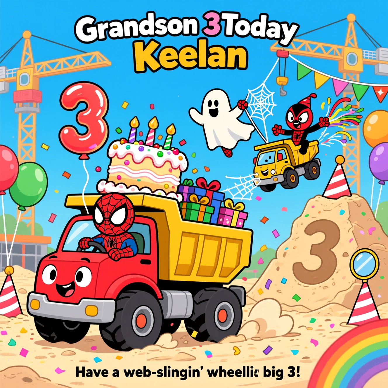 Dumper trucks and Spidey and amazing friends , and Birthday Card