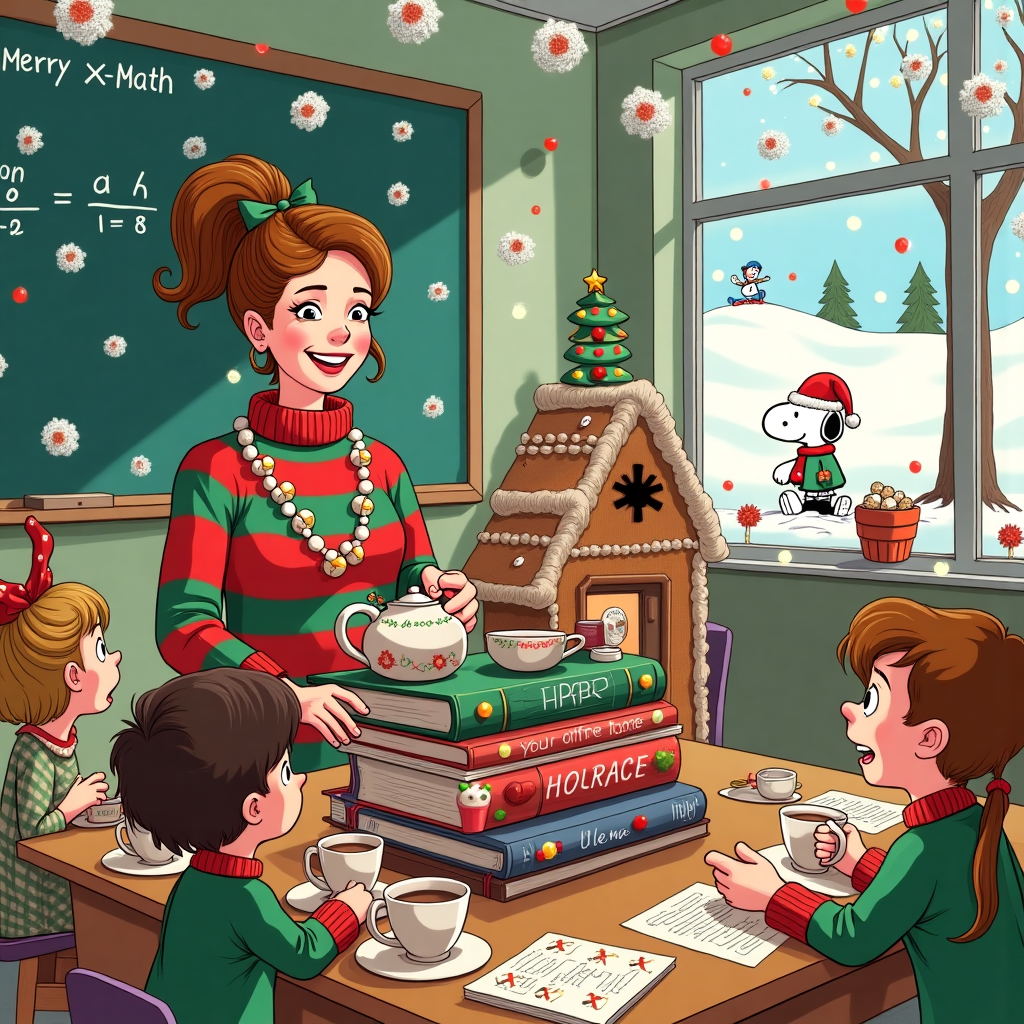 In the foreground of this quirky Christmas card, we find a festive classroom turned holiday café. The scene is centered around a cheerful female teacher, who channels a mix of Miss Frizzle’s whimsy and Mary Poppins' charm, dressed in a vibrant Christmas sweater adorned with twinkling lights and a jingle bell necklace. Her hair, tied up with a ribbon resembling a reindeer’s antlers, bobs merrily as she serves drinks from an oversized teapot painted to look like a gingerbread house. She stands behind a makeshift bar composed of stacked textbooks wrapped in festive paper, topped with a garland of tiny paper snowflakes. Her "menu" includes mugs of steaming hot chocolate with candy cane stirrers and colorful marshmallow toppings that mimic little snowmen.

Surrounding her, in typical Bill Watterson-esque style, are students with exaggerated expressions of joy and mischief. One student is balancing a stack of Christmas cookies while another is clad in a Christmas tree costume, lights blinking erratically. To the left, a chalkboard features an elaborate, Charles Schulz-inspired drawing of Snoopy and Woodstock sledding down a mountain of algebra equations, humorously wishing “Merry X-Math!” Above them, snowflakes cut from math homework cascade from the ceiling, attached to a mobile made from a hula hoop.

In the background, the classroom’s window showcases a snowy wonderland straight from a Winsor McCay dreamscape, where a snowman (with an uncanny resemblance to the teacher) waves jovially. Meanwhile, an elf-like janitor in a R. Crumb inspired, exaggeratedly quirky style, pushes a mop adorned with tinsel and baubles, attempting to sweep up the trail of sparkly reindeer footprints left by the day’s festivities. 

The card is a delightful tapestry of humor and holiday cheer, weaving the chaos of a classroom Christmas party with the warmth of a festive gathering, each detail crafted to tell a story worth a thousand giggles.
Generated with these themes: female teacher serving drinks .
Made with ❤️ by AI.