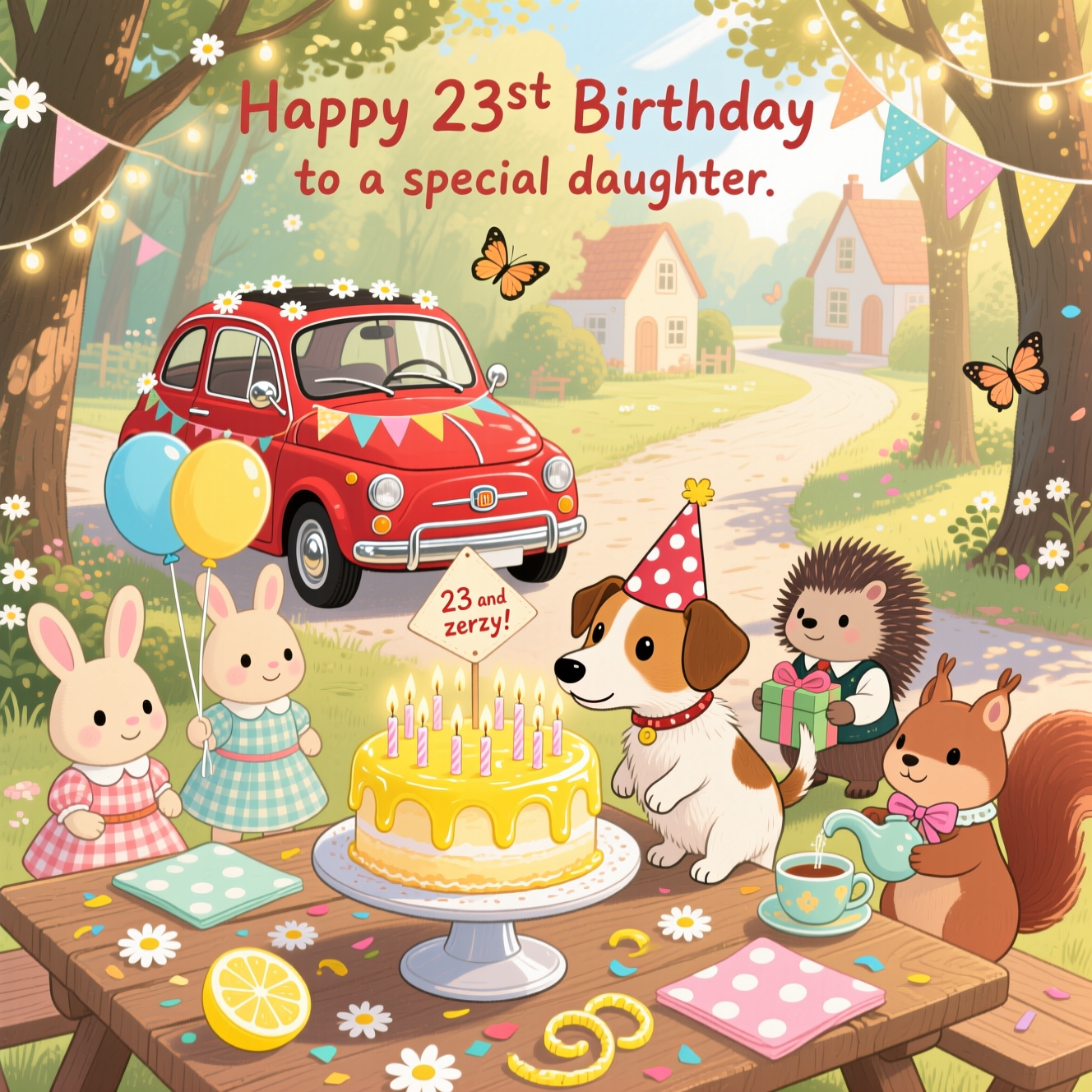 Sylvanian families , Red fiat 500, Lemon drizzle cake , 23 candles , Jack Russell long hair , and Birthday Card