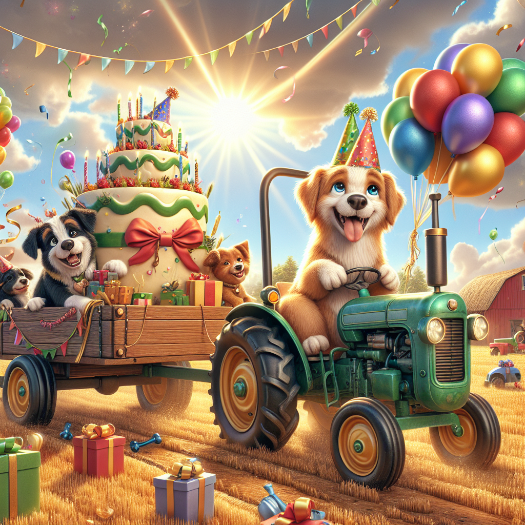A joyful birthday atmosphere is set with a group of playful dogs who have taken control of uniquely crafted tractors on a farm, engaging in a delightful birthday parade. The background showcases a sky glittering with the sun's brilliance and stuffed with plush clouds; balloons of varying colors are interspersed. One dog, adorned with a party hat and displaying obvious enthusiasm, commands the foreground, pulling a flatbed tractor. This tractor carries an assortment of wrapped gifts and a sizable cake, decorated impressively with bone-shaped adornments, fully prepared for the festivities.
Generated with these themes: Tractors , and Dogs .
Made with ❤️ by AI.