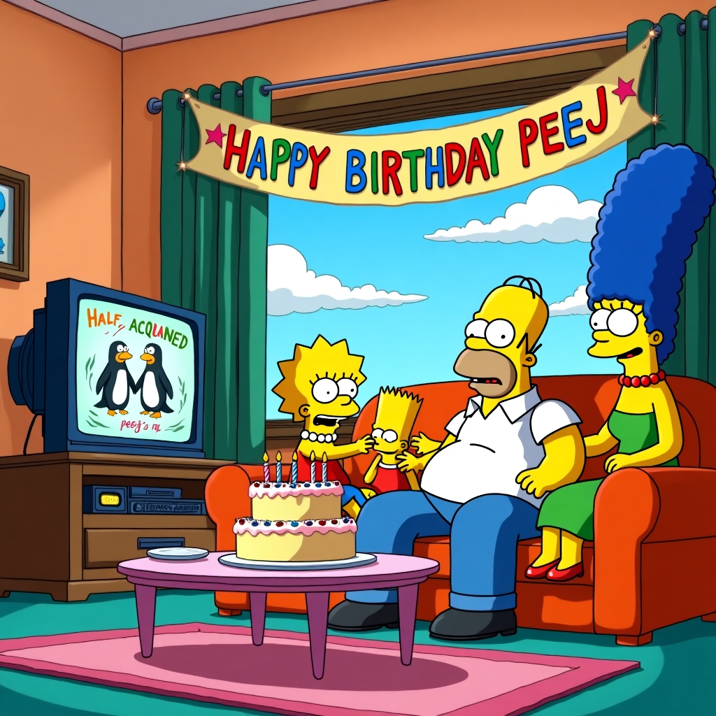 The scene unfolds in the iconic living room of the Simpsons, drawing on the whimsy of Schulz's Peanuts and the vibrant expressiveness of Disney. Marge, Bart, Homer, and Lisa are snugly nestled on their familiar orange couch, a place worn from many an animated adventure. Above the TV, a banner stretches across the room, with the bold, colorful letters spelling out "Happy Birthday Peej!" Each letter is a different hue, reminiscent of a rainbow, with little stars and balloons sketched around them in a playful nod to Tezuka’s dynamic manga panels. 

The television, slightly askew on its stand, blares the show "HALF ACQUAINTED," depicted in Larson's signature single-frame style on the screen, where two absurdly awkward penguins are trying to give a high-five and missing spectacularly. On the coffee table in front of the couch, a large birthday cake towers with wobbly layers, whimsically decorated with candy-colored frosting and topped with candles in the shape of cartoonish, exaggerated numbers spelling out "Peej’s Age."

Bart is captured mid-laugh, his slingshot peeking from his back pocket, as he points at the TV, evoking the mischievous spirit of Watterson's Calvin. Homer is sitting with a classic "d’oh" expression, frosting smeared on his mouth, and an empty plate on his belly. Lisa is poised with her saxophone by her side, looking slightly amused at the spectacle, with a Tintin-like inquisitiveness in her gaze. Marge, with her sky-high blue hair, is gently attempting to wipe the frosting off Homer’s face with a napkin, her expression blending nurturing patience and humor.

In the background, through the window, the Springfield sky is a vibrant Winsor McCay dreamscape of swirling pastel clouds, within which the word "Peej" is artistically scrawled, making it look as if the universe itself is celebrating. The scene is packed with Eisner-like attention to detail, from the slightly worn edges of the rug to the small, slightly off-kilter family portrait on the wall. Every inch of the scene is alive with Spiegelman-inspired narrative depth and Crumb's quirky charm, inviting the recipient, Peej, into a joyful and timeless celebration with the Simpsons.
Generated with these themes: Marge, Bart, Homer and Lisa Simpson on the classic sofa watching television show called HALF ACQUAINTED with birthday cake.
Made with ❤️ by AI.