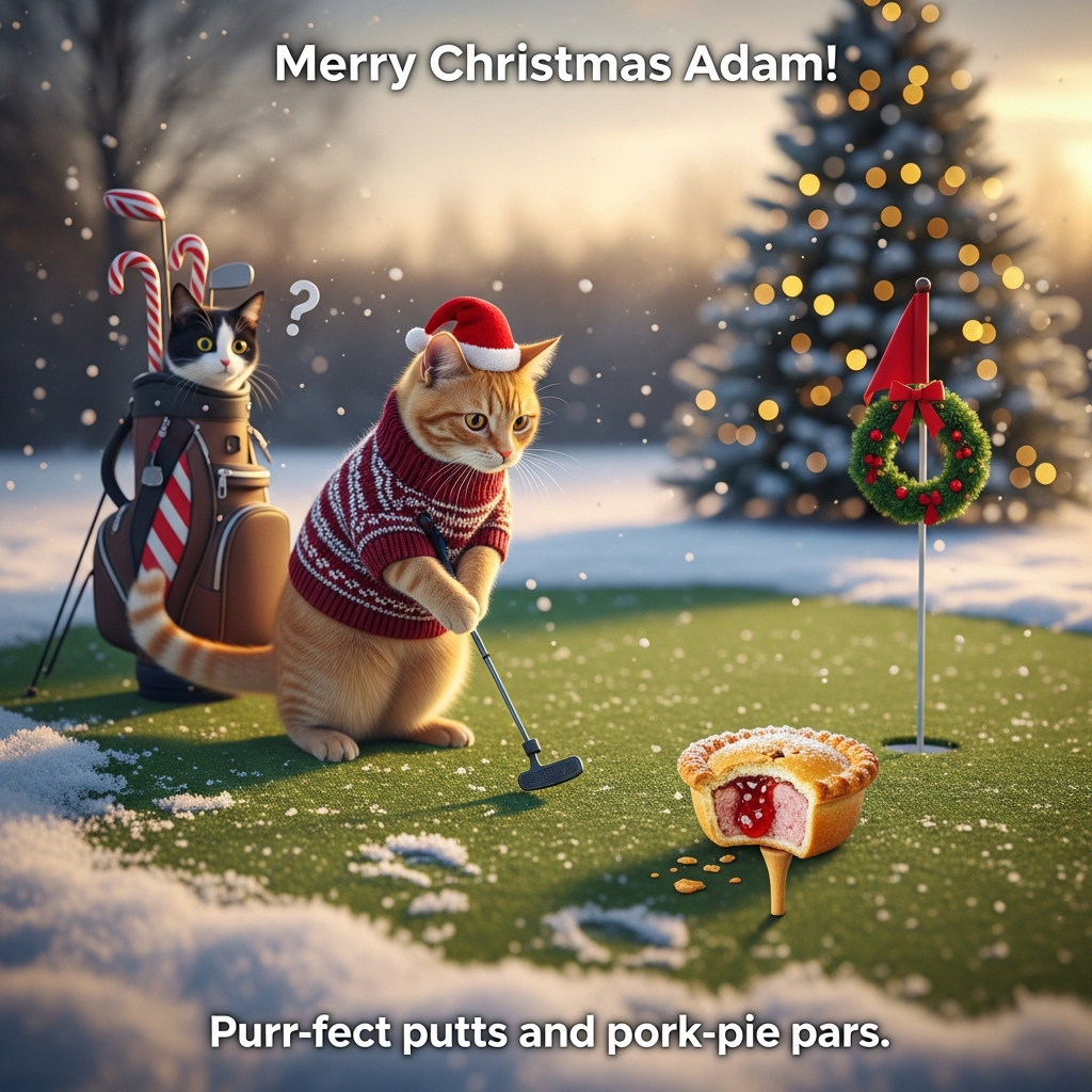 At the top of the Photorealistic picture taken from a camera image, "Merry Christmas Adam!"

Ultra-high-definition 4K UHD photorealistic winter scene: a snow-dusted mini putting green outdoors at golden hour. A ginger tabby cat in a cozy knitted Christmas jumper and tiny Santa hat lines up a putt with a miniature golf club. The “golf ball” is a small traditional British pork pie perched on a wooden tee, flaky pastry crust sparkling with frost, a playful bite missing from one edge. A tuxedo cat caddy peeks from behind a candy-cane–striped golf bag, eyes wide, tail curled like a question mark. In the background, a wreath-wrapped flag marks the hole, fairy lights twinkle on a decorated spruce, soft snowflakes fall through warm backlight. Paw prints trail across the green; you can see the cats’ breath in the chilly air.

Camera and lighting: full-frame look, 35mm lens, f/2.8, 1/500s, ISO 400. Low, eye-level angle for comedy, crisp focus on the cat’s face and the pork pie, creamy background bokeh. Realistic textures: individual fur strands and whiskers, knitted wool weave, flaky crust with glossy jelly, crystalline snow, true-to-life color and accurate shadows, rich depth of field.

Humor-forward composition: rule-of-thirds framing with the tabby and pie in the foreground left, the festive hole in the distance right; the cat’s intense concentration makes the absurdity of golfing a pork pie extra funny.

Add a small cheeky caption at the bottom of the image: "Purr-fect putts and pork-pie pars." in clean, festive white lettering with a subtle drop shadow for readability.

Only include these two text elements; no other text, no logos, no borders, no watermarks.
Generated with these themes: Cats golf pork pie, and .
Made with ❤️ by AI.