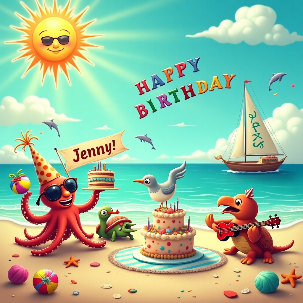 The scene is a whimsical seaside birthday celebration with a playful twist, set against a radiant backdrop. Picture a sun-soaked beach with a shimmering turquoise sea gently lapping against the sandy shore. The sun, a beaming golden orb, wears oversized cartoonish sunglasses perched just above a cheeky grin. Its rays stretch out playfully, casting a warm glow over the entire scene. In the foreground, a group of anthropomorphic sea creatures is gathered for the party. A jovial octopus wears a polka-dot party hat, its tentacles skillfully juggling colorful beach balls and a slice of birthday cake. Beside it, a turtle with a bowtie balances a small stack of gifts on its shell, wrapped in vibrant seaweed ribbons.

A whimsical seagull, with a bowtie made from seaweed, carries a fluttering banner in its beak that reads "Happy Birthday Jenny!" The letters are made of colorful shells and sea glass, sparkling in the sunlight. In the distance, fluffy clouds drift lazily across the sky, shaped like various festive items—a cake, balloons, and even a giant ice cream cone. A pod of dolphins leap joyfully in synchrony, creating a watery arch that frames a glimpse of a small sailboat on the horizon, its sails painted with a vibrant "Jenny" in playful, curling script.

Seated on a beach towel adorned with starfish and sand dollars, a crab holds a tiny ukulele, strumming along to the harmonious sounds of the waves. On the sand nearby, a castle-shaped cake stands proudly, its turrets topped with flickering candles shaped like conch shells. The entire scene is a vibrant tapestry of sun and sea, brought to life with a touch of humor and imagination, all celebrating Jenny's special day.
Generated with these themes: Sun and Sea .
Made with ❤️ by AI.