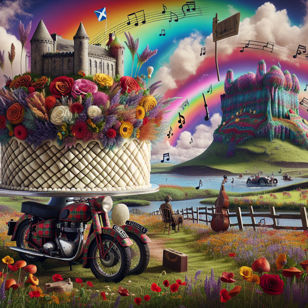 Imagine a surreal birthday celebration scene that merges the core elements of Scotland with a distinct bohemian atmosphere. At the front of the scene, there's a traditional motorcycle filled with vibrant wildflowers. Nearby, there's an immense cake molded like an old Scottish castle, adorned with tartan-patterned icing and piped decorations that resemble heather. Musical signs weave in and out, indicating a sonic blend of rock and Celtic songs. The sky showcases a display of psychedelic colors, adding a finishing touch to the tranquil yet fantastical birthday scenario.
Generated with these themes: Motorcycle , Music, Scotland , Cake, and Hippy.
Made with ❤️ by AI.