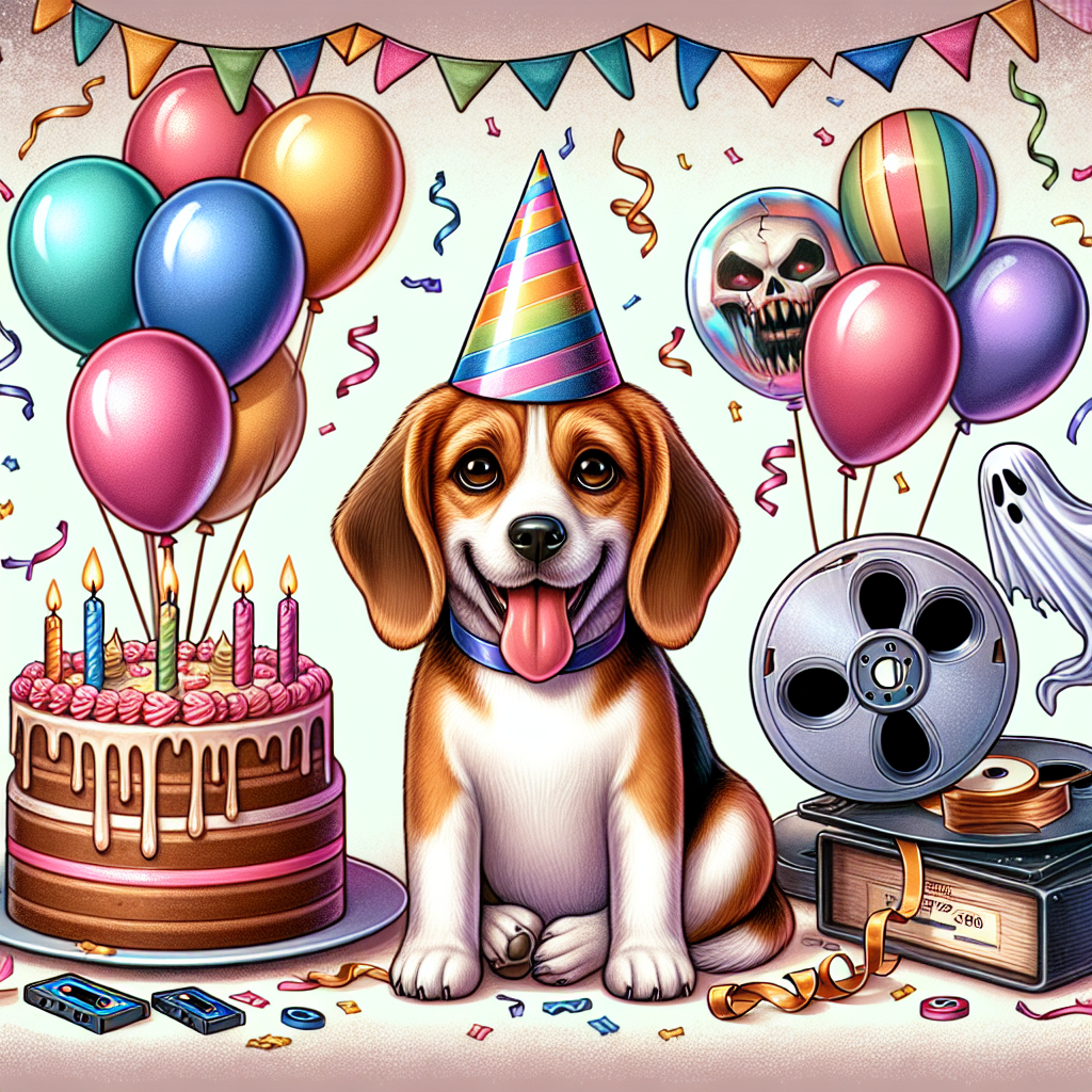 Create a delightful, birthday-themed illustration featuring a cute Beagle donning a party hat. The scene is set with festive balloons, a birthday cake, and a vibrant banner stirring in a celebratory mood. Throw in a playful yet eerie twist by adding symbols referring to classic horror cinema such as a rickety haunted mansion, scattered old videotapes, and an ethereal phantom. The fusion of the jovial and mysterious gives this illustration a unique character.
Generated with these themes: Beagle, and Horror films.
Made with ❤️ by AI.