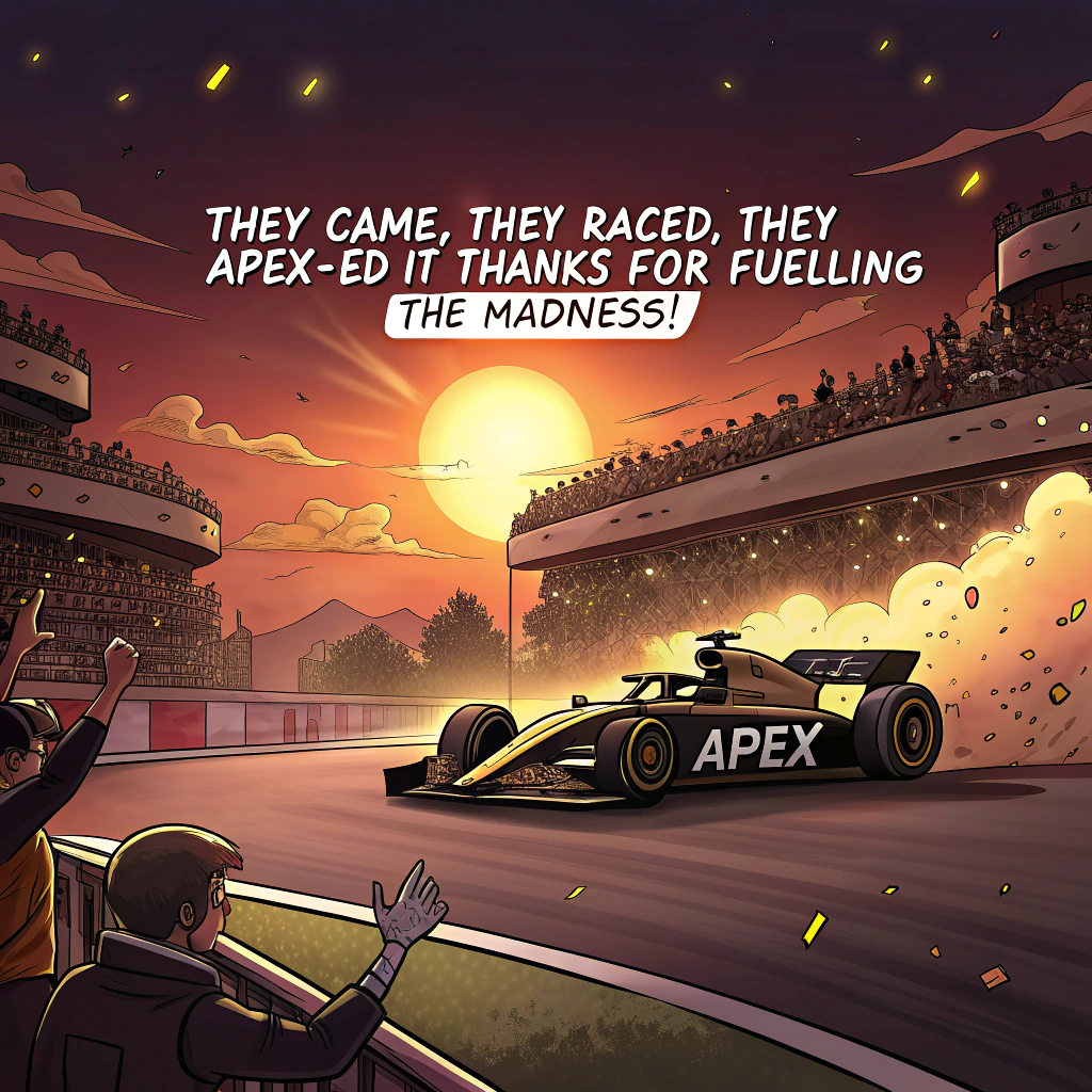 At the top of the image, "They came, they raced, they Apex-ed it—thanks for fuelling the madness!"

- Illustrate a cartoon scene set at a dramatic, glowing sunset over a packed Grand Prix stadium.  
- In the center, show a sleek, stylized black and gold F1 car crossing the finish line with cartoon smoke and confetti erupting from the tires. The APEX logo gleams comically large on the side.  
- A wild cheering crowd fills the grandstands in the background—some characters exaggeratedly throwing popcorn or waving arms in giddy celebration.  
- Above the stadium, a tiny cartoon airplane buzzes through the sunset sky, trailing a fluttering banner that reads: "THANK YOU!"  
- In the foreground, three hyper-enthusiastic fans are jumping and holding oversized, slightly wobbly hand-painted signs:  
    1. “LOCATION LEGENDS”  
    2. “LOCS HEROES”  
    3. “LUPI IS MENTAL” (the character holding this has heart-shaped sunglasses and is riding a foam finger like a surfboard).  
- The whole vibe is a chaotic blend of high-octane fun and sincere gratitude.  
- Optional background detail: a golden trophy off to the side wearing sunglasses, basking in the victory glow.
Generated with these themes: the black and gold F1 car from the APEX team wins the F1 Grand Prix at sunset in front of a cheering crowd.  a small plane flies above and pulls a banner that says THANK YOU.  people in the crowd hold up banners that say LOCATION LEGENDS and LOCS HEROES and LUPI IS MENTAL.
Made with ❤️ by AI.