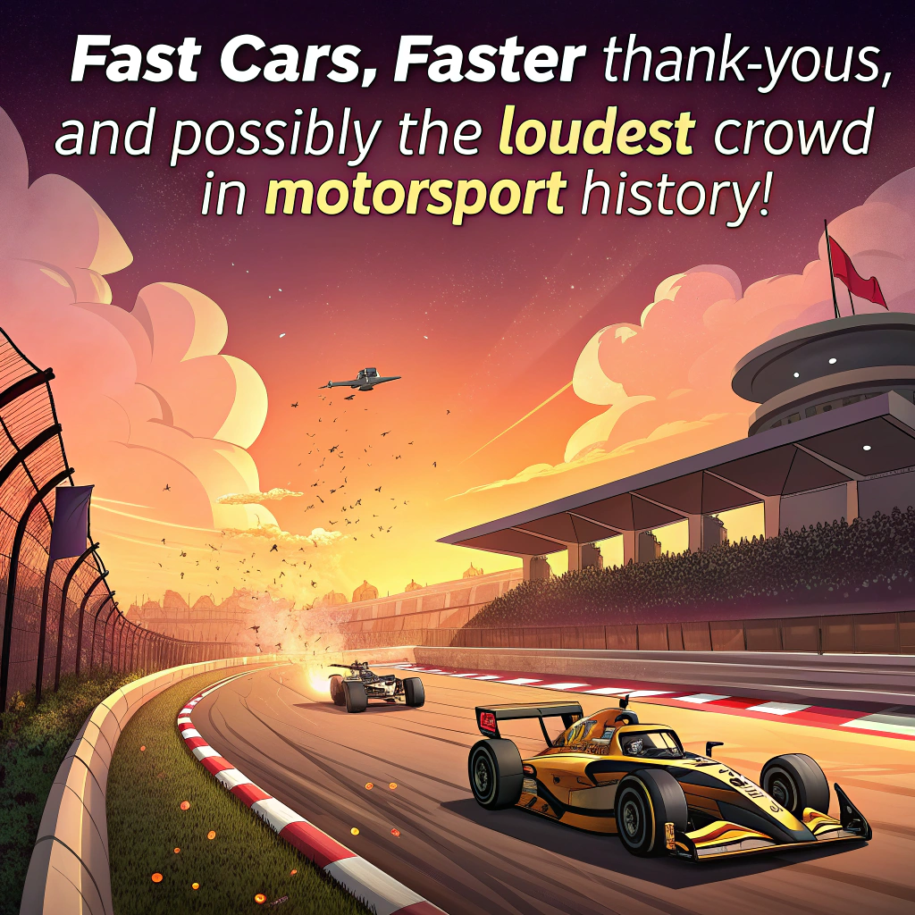 The black and gold F1 car from the APEX team wins the F1 Grand Prix at sunset in front of a cheering crowd.  a small plane flies above and pulls a banner that says THANK YOU.  people in the crowd hold up banners that say LOCATION LEGENDS and LOCS HEROES and LUPI IS MENTAL Thank-you Card