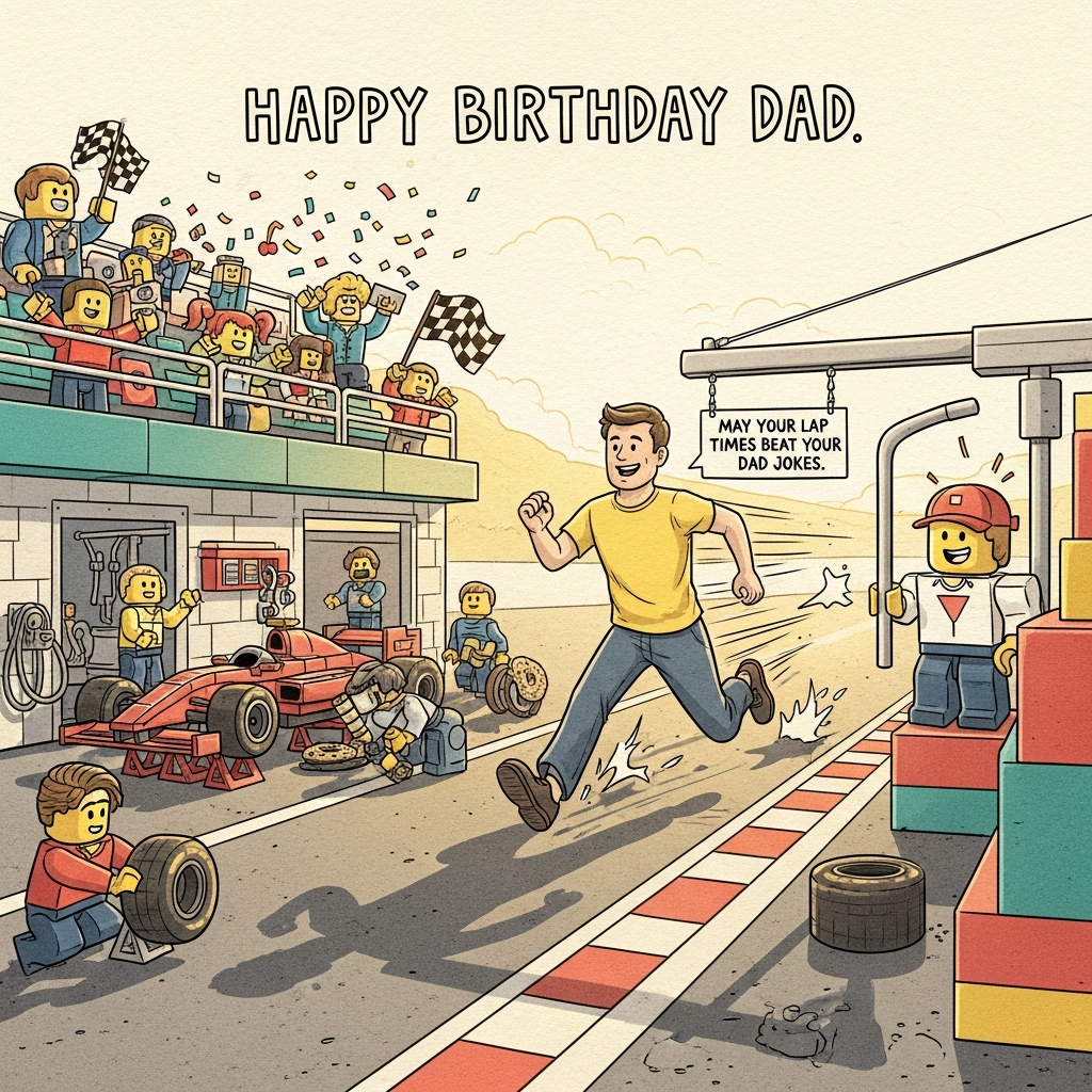 At the top of the Illustration Style image, Happy Birthday Dad

Hand-drawn illustration with fine linework and textured brush strokes, warm and expressive color palette. A playful, funny mash-up scene: an F1 pit lane built from colorful LEGO-style bricks runs diagonally across the image under golden, late-afternoon light. In the center, a smiling dad is mid-run, sprinting like a champion along a racetrack-striped pit lane, dynamic motion lines and exaggerated stride for comedy. To one side, a brick-built F1 car waits on tiny jack stands while a mini pit crew of LEGO-like figures hustle with donut “tyres.” In the stands and on the pit wall, cheerful Roblox-style blocky avatars cheer, wave checkered flags, toss voxel confetti, and snap pics. A subtle, soft vignette and paper-grain texture hold the composition together.

Place the header text as a playful, hand-lettered banner at the very top. Add one small, cheeky line of text on a pit-board sign held by a Roblox avatar near the running dad:
“May your lap times beat your dad jokes!”

Color notes: sunshine yellows, cherry reds, warm coral, teal accents, soft charcoal outlines on cream paper. Balanced composition, clear focal point on the running dad, expressive brushwork, gentle shadows, and lively, humorous energy.
Generated with these themes: Running, F1 racing, lego, Roblox , and .
Made with ❤️ by AI.