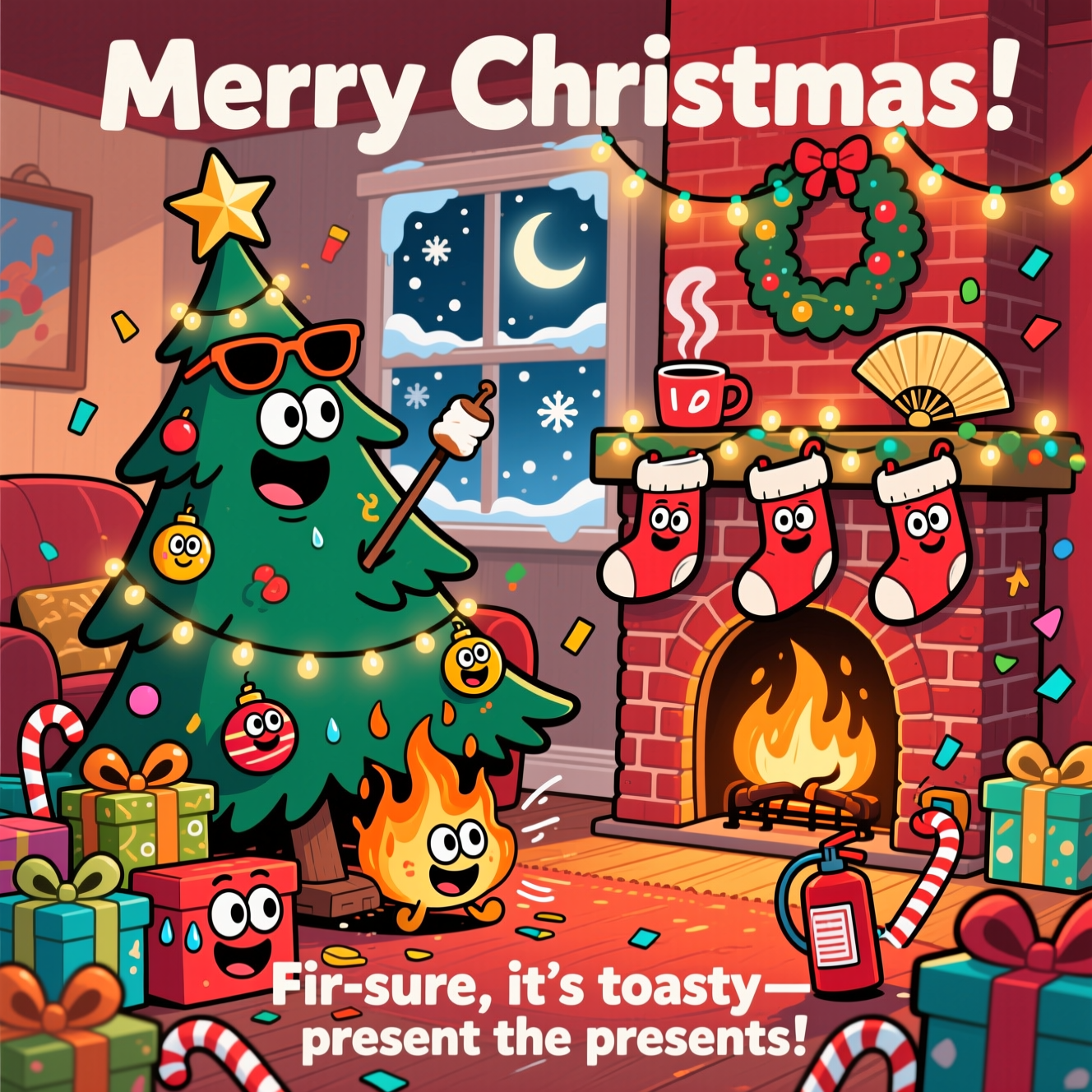 At the top of the Cartoon Style image, "Merry Christmas "
At the bottom of the image, "Fir-sure, it’s toasty—present the presents!"

- Center a cozy living-room scene in playful cartoon style with exaggerated proportions, thick black outlines, bright saturated colors, and whimsical, energetic poses.
- Left: a towering, goofy-eyed Christmas tree leaning toward a roaring brick fireplace; the tree’s star wears tiny sunglasses; one branch toasts a marshmallow over the flames; twinkling lights swirl like motion lines; ornaments with funny faces react—some slightly “melty,” others giggling.
- Right: chunky brick fireplace with smiling, winking flames; three oversized stockings with expressive faces—one dramatically fanning itself; warm amber glow spilling across the floor.
- Foreground: a heap of presents with cartoon eyes and big grins; one scoots back from the heat with squeaky motion lines, another beads sweat, another clutches a tiny toy fire extinguisher; candy-cane confetti and shiny bows pop into the air.
- Background: frosty window with drifting snowflakes and a crescent moon; garlands and fairy lights around the mantle; a steaming cocoa mug on the hearth with curly cartoon steam.
- Composition and style: portrait orientation; ample breathing room for headline and punchline; rich reds, greens, golds, and teal blues; sparkly highlights; soft cel shading; bold drop shadows behind text; keep it bright, bouncy, and cheeky; no additional text.
Generated with these themes: Christmas trees, Presents , Fireplace, and .
Made with ❤️ by AI.