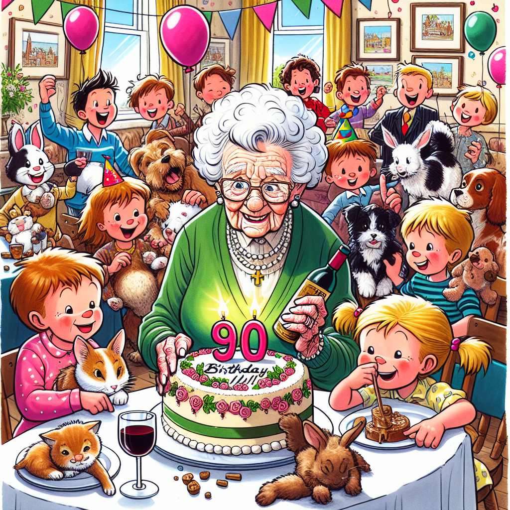 Illustrate a festive cartoon scene portraying a vibrant birthday party. The main focus should be a Caucasian grandmother with short, curly white hair, her face bearing the delicate lines of age. Many grandchildren of different descents and gender surround her, amusing themselves with a variety of family pets: a sleeping cat, boisterous dogs, soft rabbits, a proud horse, and some chirping birds. They celebrate her 90th birthday immersed in the blissful atmosphere. On the table, there's a cake decorated with a Christian cross, denoting the grandmother's faith. Next to her is a glass of sherry, a modest treat for this remarkable day. The room is decorated with buoyant balloons and filled with the laughter and affection of the family commemorating a life well-lived.
Generated with these themes: Grandma, short curly white hair, some wrinkles, 90th birthday cake, Christian, Sherry, Lots of grandchildren , Cat, two dogs, rabbits, horse, birds, and Celebrate, balloons.
Made with ❤️ by AI.