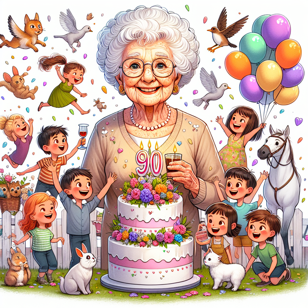 A heartwarming cartoon illustration showcasing the 90th birthday celebration of a Caucasian grandmother with short, curly white hair and a warm smile decorated by a few wrinkles. The scene is bursting with love, joy, and a touch of chaos caused by her enthusiastic grandchildren of diverse genders and descents running around and interacting with family pets — a serene cat, a pair of loyal dogs, lively rabbits, a tranquil horse, and a few vibrant birds. Behind the grandmother is a tastefully decorated birthday cake bearing a Christian cross, symbolizing her faith. She is enjoying a glass of sherry. The scene is tastefully decorated with floating colorful balloons, marking the festive spirit of this special family gathering.
Generated with these themes: Grandma, short curly white hair, some wrinkles, 90th birthday cake, Christian, Sherry, Lots of grandchildren , Cat, two dogs, rabbits, horse, birds, and Celebrate, balloons.
Made with ❤️ by AI.