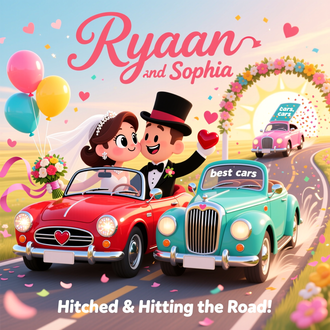 At the top of the Cartoon Style image, Ryaan and Sophia in a flowing romantic script, large and elegant.

A vibrant, romantic Cartoon Style wedding scene bursting with playful charm: Two adorable anthropomorphic cars as the happy couple, with exaggerated proportions, thick black outlines, and bright saturated colors. The bride is a cherry-red convertible with huge sparkling headlight-eyes, a soft white veil, and a bouquet tied to her mirror; the groom is a teal vintage coupe with a cheeky top hat, bow tie, and smiling grille. They nuzzle bumpers like a kiss, tin cans and ribbons trailing behind, puffing heart-shaped exhaust. A second car (their “best car”) zooms playfully alongside, tossing confetti from its sunroof, forming a lively “cars, cars” celebration. The road curves into a sunlit horizon under an arch of flowers and balloons, petals swirling, tiny heart sparkles and chrome gleams everywhere. Candy-color palette (cherry red, teal, sunshine yellow, sky blue, pink); glossy paint highlights and twinkling chrome; whimsical, energetic poses; festive motion lines and confetti swirls. Soft golden-hour glow, dreamy pastel sky with floating hearts, minimal background clutter so the cars and romance pop.

At the bottom of the Cartoon Style image, a small playful caption in bouncy lettering: Hitched & Hitting the Road!
Generated with these themes: Cars, Cars, and .
Made with ❤️ by AI.