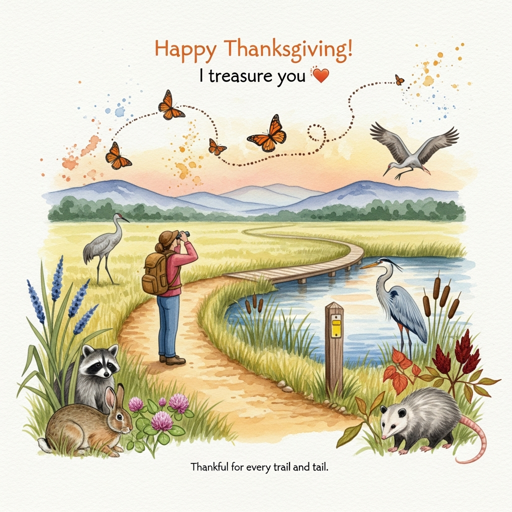 Hiking on the ice age national scenic trail, birdwatching, monarch butterflies, blue herons, sandhill cranes, raccoons, opossums, eastern cottontail rabbits, and Thank-you Card