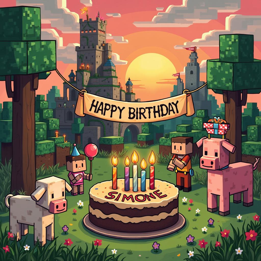 In a whimsical world inspired by Minecraft, the scene unfolds with a character resembling Simone joyfully standing before a blocky, pixelated cake adorned with glowing candles. The cake proudly displays 'Happy Birthday SIMONE' in bold, colorful blocks. Surrounding her are a delightful array of friendly Minecraft animals: a sheep sporting a party hat, a cow clinging to a balloon with its tail, and a pig carrying a gift-wrapped present on its back. Above this joyful gathering, cheerful villagers are busy stringing up a vibrant banner between two tall, blocky trees, proclaiming 'HAPPY BIRTHDAY SIMONE' in pixelated letters. The sky is a stunning canvas, blending Minecraft’s cubic clouds with a rainbow, and the name 'SIMONE' gently emerges within the clouds. To the right, a towering pixelated castle, adorned with torches and vines, adds a touch of fantasy that echoes the enchanting illustrations of Arthur Rackham. The ground is alive with wildflowers and tall grass, reminiscent of Beatrix Potter’s detailed nature scenes. Off to the left, a giant friendly Enderman, illustrated with a hint of Edward Gorey’s quirky style, is carefully placing the final block on a vibrant 'BIRTHDAY' structure. In the backdrop, a beautiful sunset inspired by Maxfield Parrish bathes the scene in a soft golden glow, creating a captivating atmosphere. The entire illustration is beautifully framed with an intricate border of vines and flowers, akin to the detailed artistry of Aubrey Beardsley.

Summary: This enchanting birthday scene features Simone in a Minecraft-inspired world, celebrating with friends, animals, and a whimsical landscape, all beautifully illustrated.  
Generated with these themes: minecraft.  
Made with ❤️ by AI.