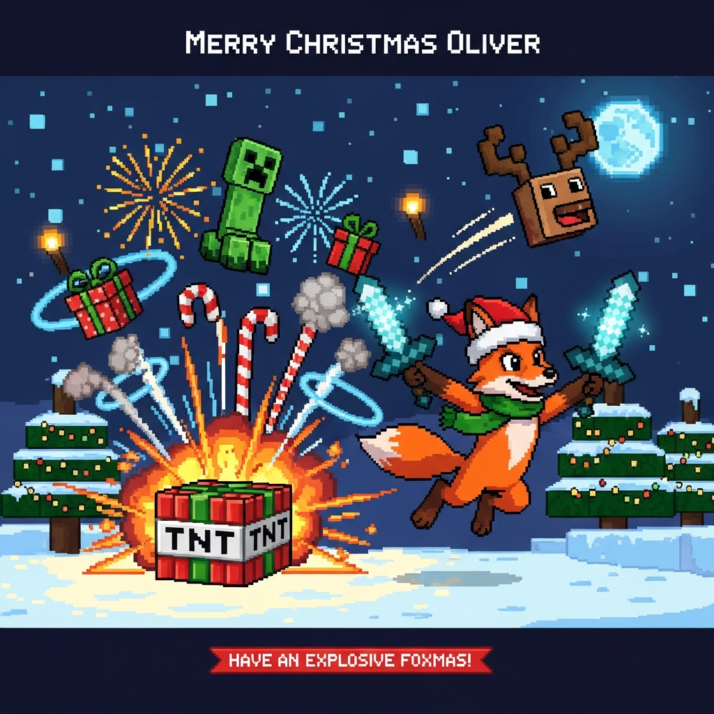 Minecraft, fox, explosions, swords, and Christmas Card