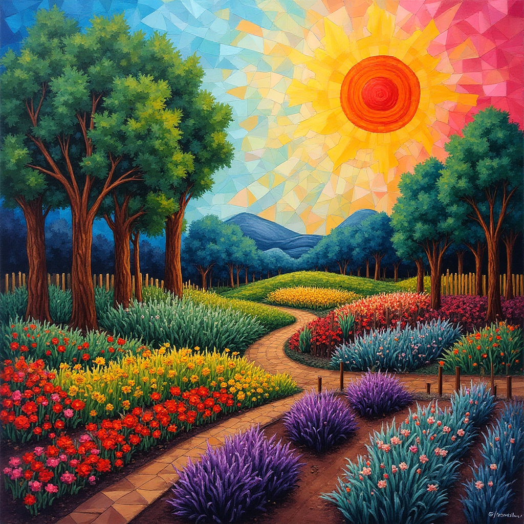 At the bottom of the Abstract Style image, in a playful script: **For Karen**

### Image Prompt

Imagine an enchanting English allotment garden depicted through a bold abstract style. Geometric shapes form the lush foliage of tall trees, their canopies sweeping across the canvas in dynamic brush-stroke textures. Vividly colored fluid curves represent rows of vibrant flowers—rich purples, passionate reds, and sunny yellows—all interspersed with striking contrasts of deep green and earthy browns for the vegetable patches.

A series of intricate, angular patterns suggest a quaint wooden fence, its structure hinting at protection and care. The garden thrives under an abstractly rendered sun, its radiant colors and geometric brilliance casting a warm glow over the entire scene.

In the midst of this modern expressive art piece, hints of blue sky weave between the treetops, inviting serenity and joy. 

### Caption

"Growing Together in Every Shade of Joy"
Generated with these themes: An English allotment garden with flowers, trees, veggies, fenced, and .
Made with ❤️ by AI.