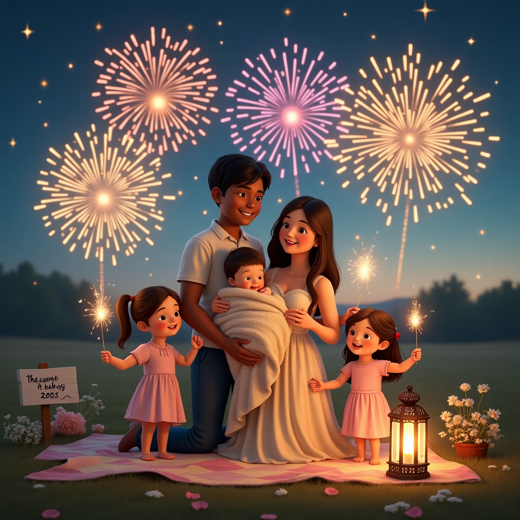 The scene unfolds in a lush, open field under a starlit sky, where an array of vibrant fireworks cascades across the horizon in brilliant hues of gold, purple, and crimson, spelling out "Coming soon baby Dhunny" amidst the bursts. In the foreground, the family stands together in celebration. The father, with light brown skin and short black hair, is holding a plush blanket that is embroidered with tiny, glowing stars that mimic the ones above. Next to him, the mother, with flowing blonde hair, is lovingly cradling a newborn bundle wrapped in a cozy, pastel-colored knit blanket. The two sisters, each with brown hair styled in playful pigtails, are gleefully waving sparklers that leave trails of shimmering light in the cool evening air. They stand on a patchwork picnic blanket that's strewn with rose petals, symbolizing love. Nearby, a small, white wooden sign planted in the soft earth reads "Welcome 2025" in elegant, hand-painted letters, surrounded by clusters of wild daisies and baby's breath, their delicate petals softly reflecting the colorful pyrotechnics above. An ornate vintage lantern casts a warm glow over the scene, enhancing the cozy atmosphere as they welcome the newest addition to their family.
Generated with these themes: 2025, Fireworks, Welcome, Love, , Outside, Baby, Realistic, 2 sisters brown hair, Mother blonde hair, Father light brown skin and short black hair, and Cozy.
Made with ❤️ by AI.