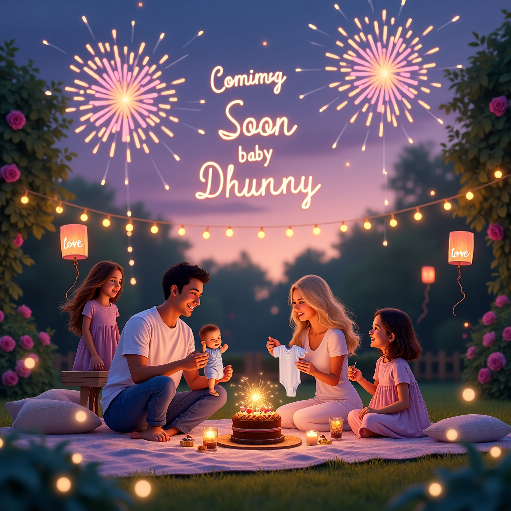 The scene is set in a whimsical backyard garden during the twilight hour of a cool summer evening in 2025. The sky is an ethereal canvas of purples and deep blues, sprinkled with twinkling stars. In the background, vibrant fireworks are bursting in the sky, each explosion artistically forming letters that spell out "Coming soon baby Dhunny" in a dazzling display. Below this heavenly spectacle, a cozy picnic setting is arranged on a lush grassy patch. A woven, plaid picnic blanket in pastel tones is spread out, adorned with plush cushions in the shapes of stars and moons.

At the center of the scene, a warm wooden table is laden with a feast fit for a celebration, featuring an assortment of sweet treats, a tall chocolate cake with sparklers on top, and a pitcher of sparkling lemonade. Around the table, the family gathers with joyful expressions. The father, with his light brown skin and short black hair, is seated on a rustic wooden chair, his arm around the mother who has flowing blonde hair. She holds a soft, baby-blue onesie gently, symbolizing the anticipation of their new addition.

Beside the parents stand their two daughters, both with cascading brown hair, playfully releasing tiny paper lanterns into the air. Each lantern carries the word "Love" in delicate calligraphy, floating upwards to join the stars. The garden itself is a haven of greenery, with climbing roses and fairy lights strung between trees, casting a warm glow over the scene. This enchanting image captures a moment of love, welcome, and celebration for baby Dhunny, enveloped by the magic of family and the thrill of new beginnings.
Generated with these themes: 2025, Fireworks, Welcome, Love, , Outside, Baby, Realistic, 2 sisters brown hair, Mother blonde hair, Father light brown skin and short black hair, and Cozy.
Made with ❤️ by AI.